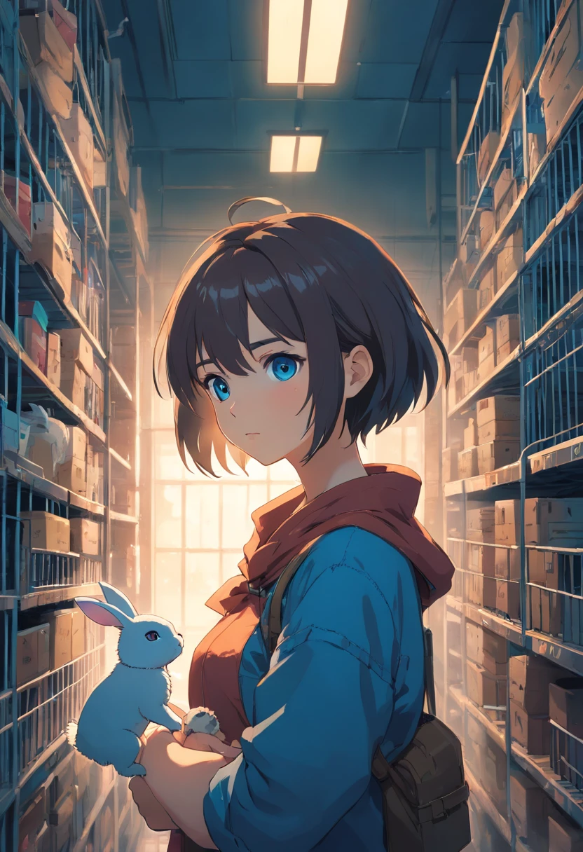 1girll, Dark hair, Blue eyes, (cowboy_Shot:1.2), Face focus, Long hair, side locks, Scared,(terrified:1.1) expression, Holding a bunny doll, Atmospheric lighting, Moody, Darkness, In a birdcage-like prison, There are many scattered rabbit dolls on the ground, Dusty, Post-apocalypse, 锁链, masterful, Beautiful 8k wallpaper, Extremely detailed, Intricate