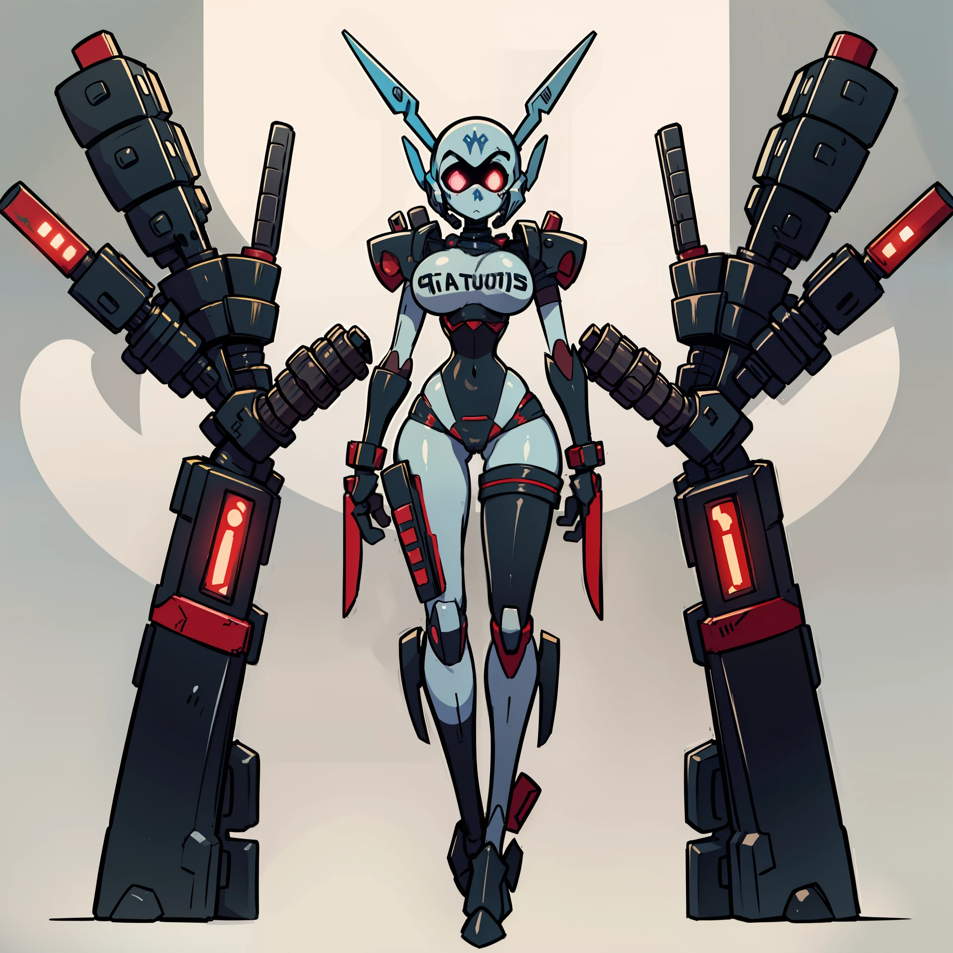 simple background, full body of 1girl, solo, mechanical limbs, glowing eyes, gray skin, female spawn by toddmcfarlane(cosplay), very sexy toon, (Punk Rock Necromancer Mecha), Decked out in leather, bikini, spikes, and chains, this mecha has a rebellious edge. Its robotic limbs resemble skeletal appendages, and it wields a skull-shaped staff. big breast, pretty huge boobs, motherly, dangerously great, exotic, amazing,,, masterpiece, best quality