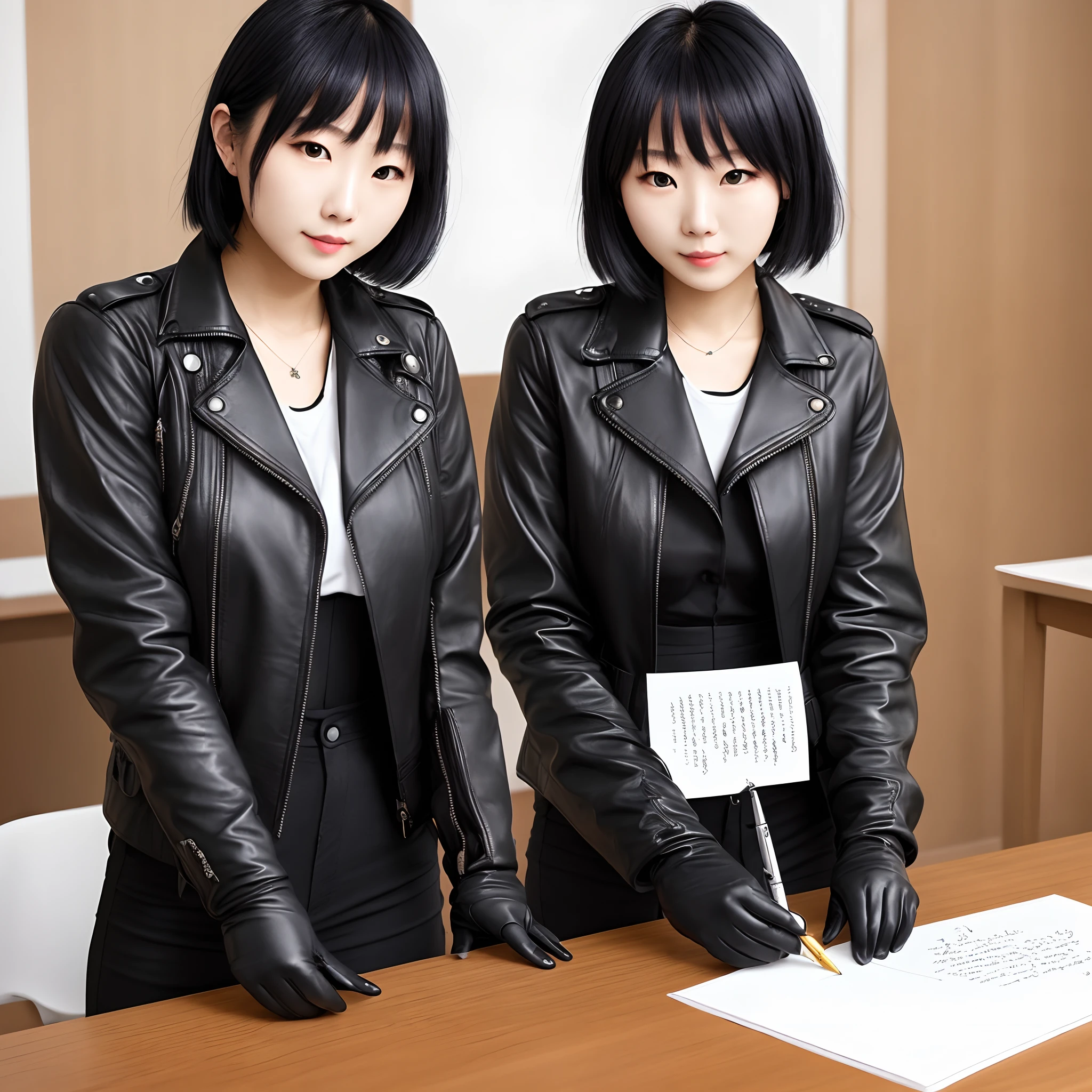 Wearing black leather gloves on both hands　The upper part of the body　Black Leather Riders Jacket　facing a desk、Writing a letter with a fountain pen　Black hair long straight　Young japanese lady