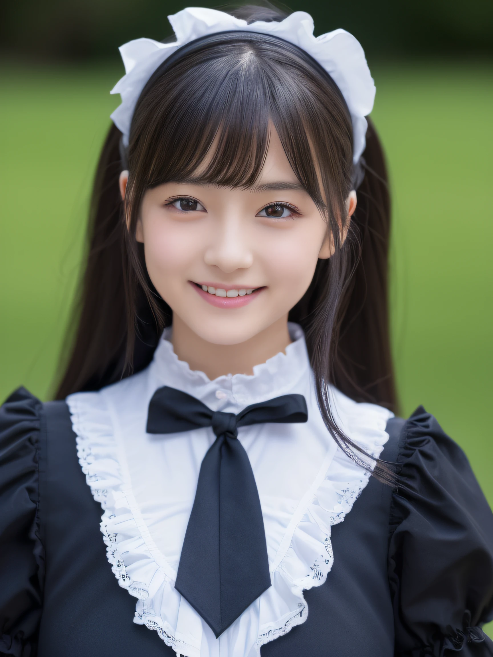 Japanese girl at 18 years old、Wearing a black and white maid outfit、、big skirt、Upper part of the body、ruffled headband、high-detail、High image quality、Shot from a high position、Kamimei、looking at the camera、(high saturation:1.2), (low contrast:1.1), (high saturation:1.0), (very detailed skin), (bestquality:1.0), (ultra highres:1.0) ,(photorealistic portrait:1.0), (ultra-detail:1.0), (10, RAW photo:1.1), (Skirt Lift:1.0)