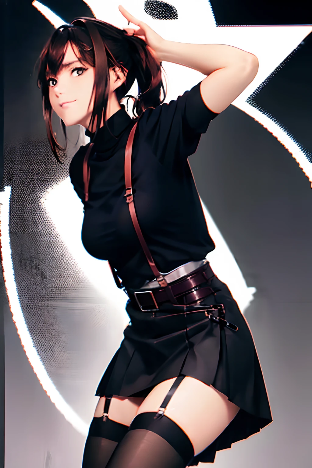 Black skirt, suspenders, Brown hair Gray eyes, Garter belt on the legs, Tight clothes, a belt Armpit sweat Dark look Moderately breasts holster Belt Chain hair adornments poneyTail