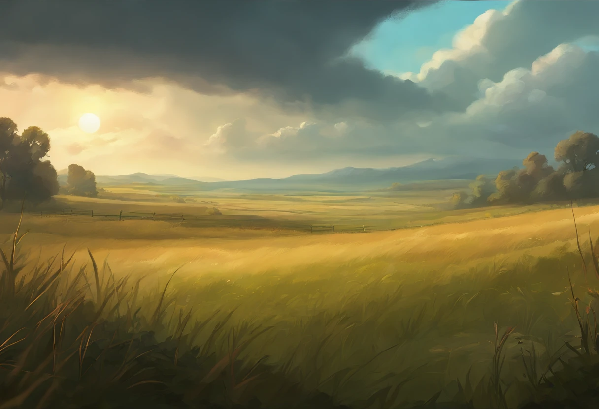 background art for 2d game, rainning in the plains, grass, background battlefield, high quality, hd illustration,