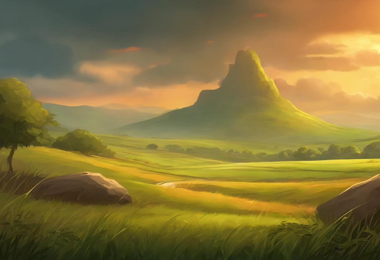 background art for 2d game, rainning in the plains, grass, background battlefield, high quality, hd illustration,