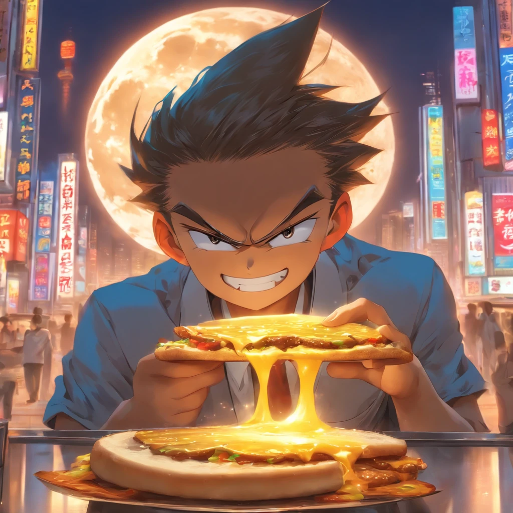 Realistic. Big Full Moon in the background. Daily white-collar Chinese,for breakfast, Chew on a cheeseburger, Particularly plump and appetizing