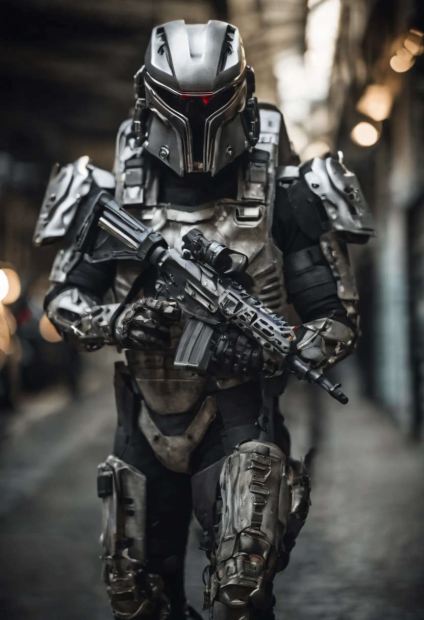 Predator,full bodyesbian,cyber punk perssonage,Silver-white armor,high-tech weapon