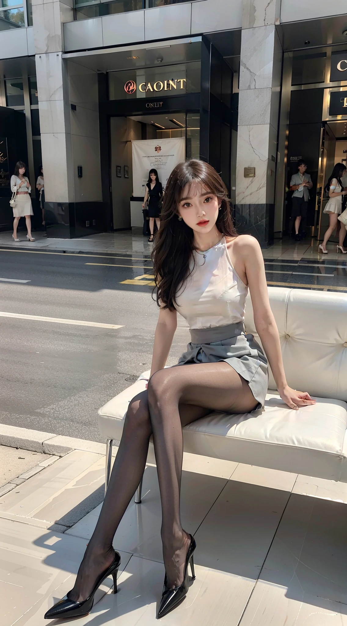 waved hair,Heavy makeup,Stiletto pointed toe heels,Transparent colorless flesh silk pantyhose,ear studs,Long legs,8K,On the street,In the daytime,By bangs,Sexy clothes