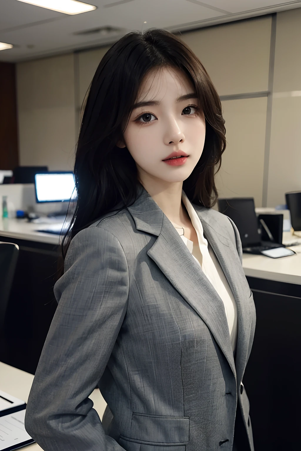 High-res, Realistic portrait of professional korean office lady with perfect skin，Professional suits，Ladies suits，stand posture，The upper part of the body，Women in the workplace，Show confidence and maturity, Surrounded by a modern corporate environment, Vibrant and naturally lit highlights. The artwork should emphasize her elegant facial features, Including charming long eyes, Fluttering eyelashes and seductive lips. The scene should be enhanced with elements of professionalism and visual appeal，For example, Stylish work desk, Mainframe computers, High-resolution display, and complex stationery. The overall tone should be warm and professional, Has a soft and natural color palette. The artwork should exude a sense of professionalism, Success, and cultural pride，The background is blurred out