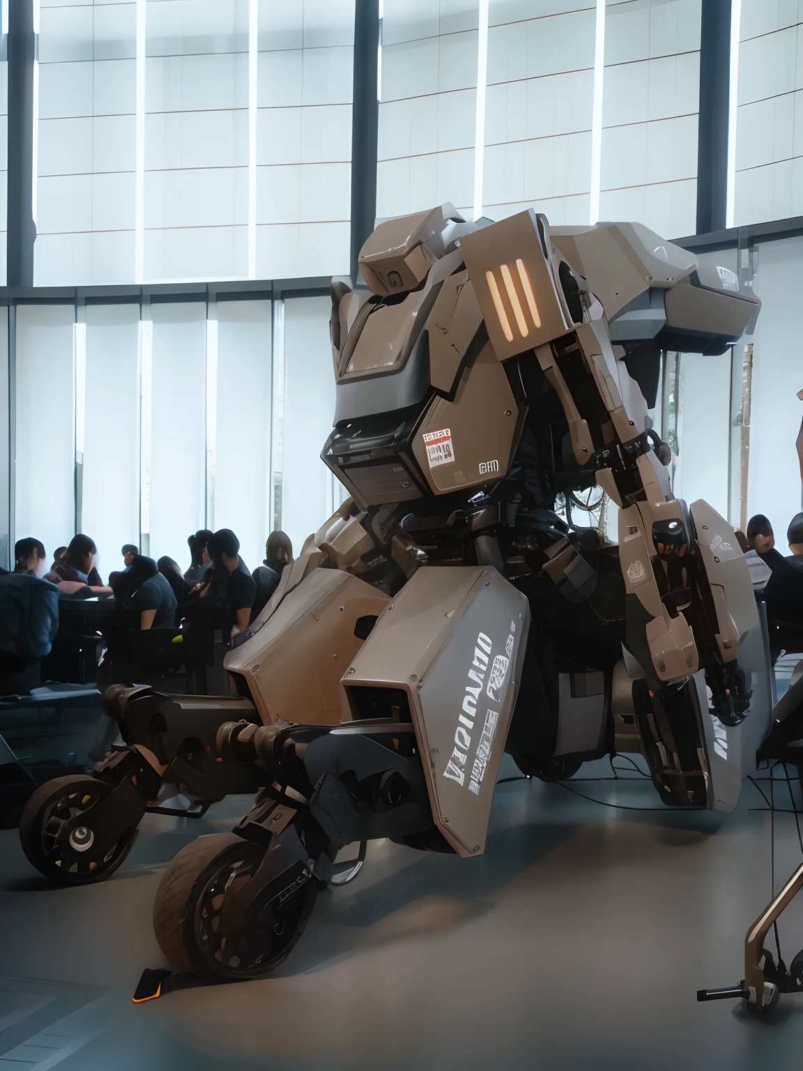There's a big robot that's sitting in a room, Metal Gear Mech, Mecha de anime gigante, Un robot mecha grande anime, Robot mecha gigante, Japanese wick, Tremendo robot mecha, Konami Mecha, An armored core on the ground, Traje mecha, Robot masivo, giant robot mech, armored core style mecha, Huge robot machine