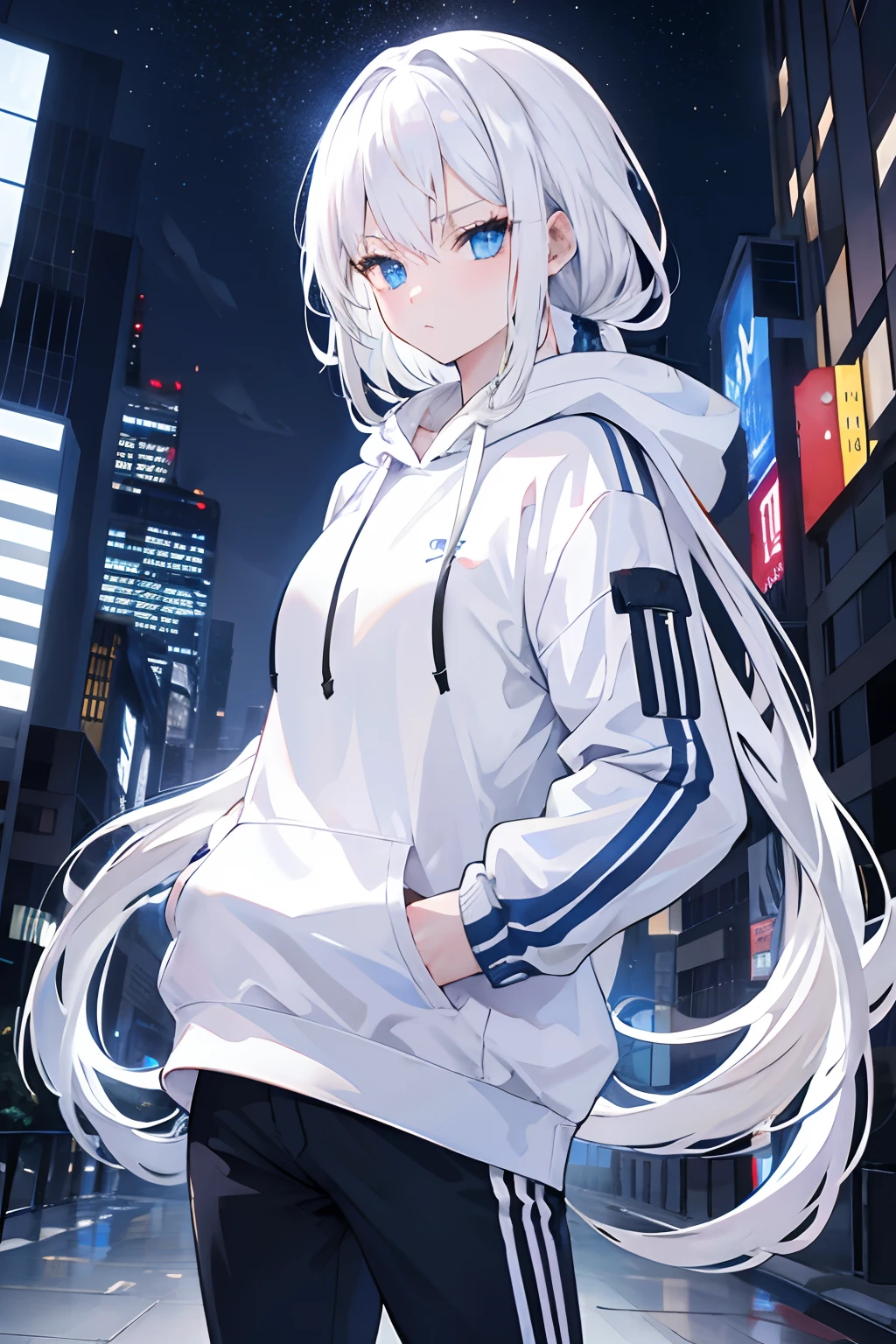 1 girl, white hair and blue eyes, long flowing hair, night city, Hoodie, hands in pockets, badass