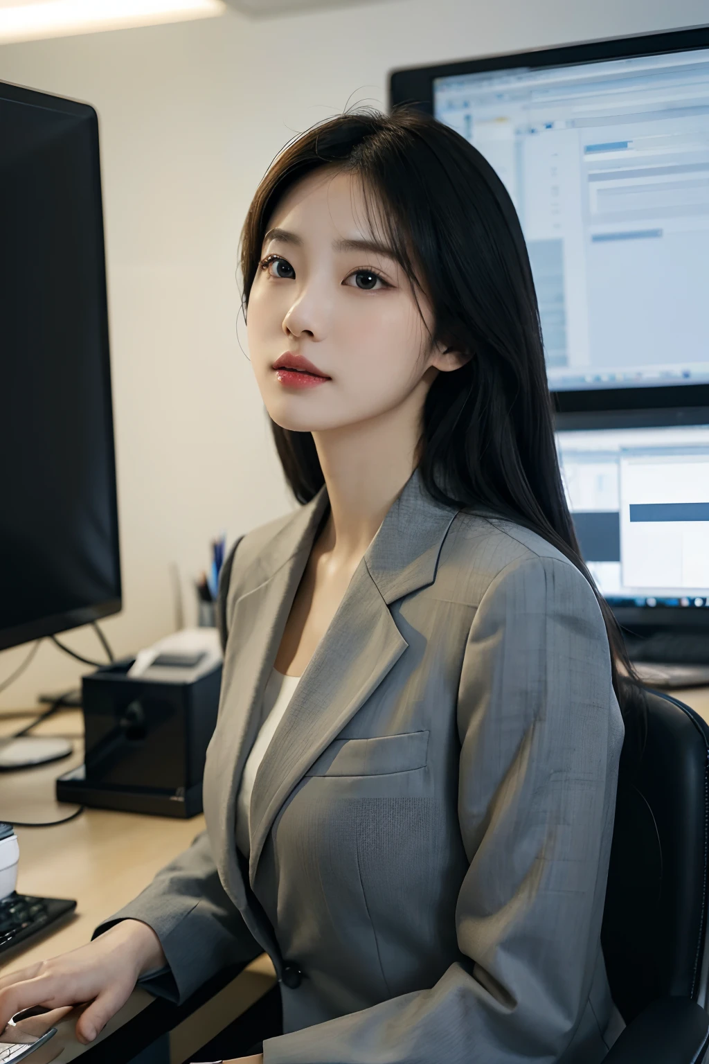 High-res, Realistic portrait of professional korean office lady with perfect skin,Professional suits,stand posture,The upper part of the body,Women in the workplace,Show confidence and maturity, Surrounded by a modern corporate environment, Vibrant and naturally lit highlights. The artwork should emphasize her elegant facial features, Including charming long eyes, Fluttering eyelashes and seductive lips. The scene should be enhanced with elements of professionalism and visual appeal,For example, Stylish work desk, Mainframe computers, High-resolution display, and complex stationery. The overall tone should be warm and professional, Has a soft and natural color palette. The artwork should exude a sense of professionalism, Success, and cultural pride,The background is blurred out