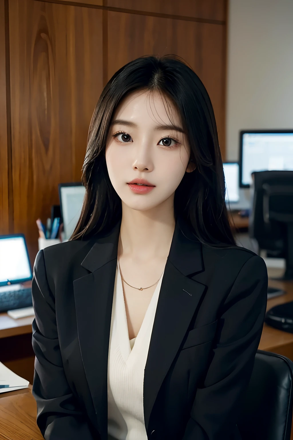 High-res, Realistic portrait of professional korean office lady with perfect skin, Professional suits, stand posture,The upper part of the body,Women in the workplace,Show confidence and maturity, Surrounded by a modern corporate environment, Vibrant and naturally lit highlights. The artwork should emphasize her elegant facial features, Including charming long eyes, Fluttering eyelashes and seductive lips. The scene should be enhanced with elements of professionalism and visual appeal,For example, Stylish work desk, Mainframe computers, High-resolution display, and complex stationery. The overall tone should be warm and professional, Has a soft and natural color palette. The artwork should exude a sense of professionalism, Success, and cultural pride,The background is blurred out