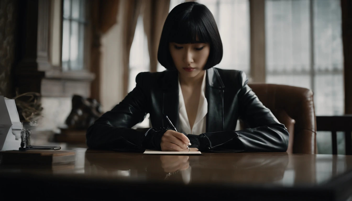 Wearing black leather gloves on both hands The upper part of the body Black Leather Riders Jacket facing a desk、Writing a letter with a fountain pen Black hair long straight Young japanese lady