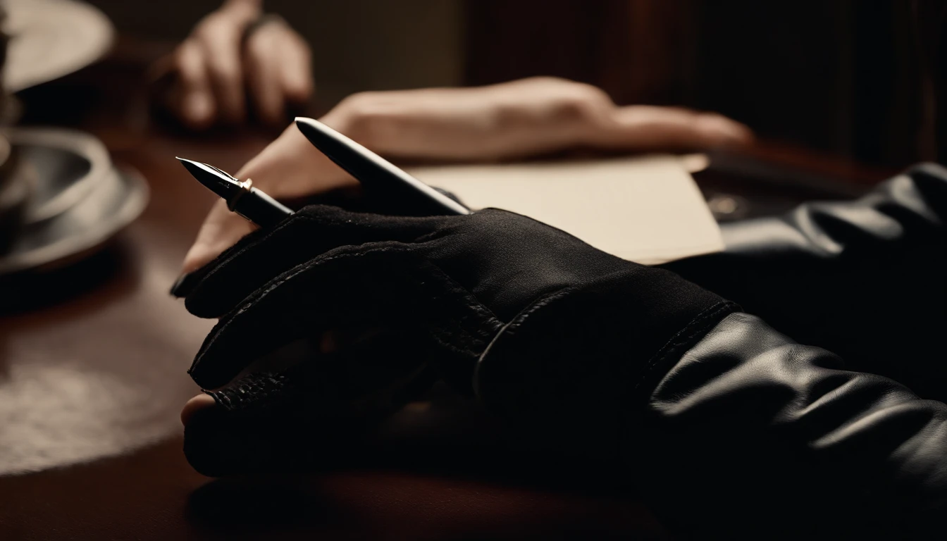 Wearing black leather gloves on both hands The upper part of the body Black Leather Riders Jacket facing a desk、Writing a letter with a fountain pen Black hair long straight Young japanese lady