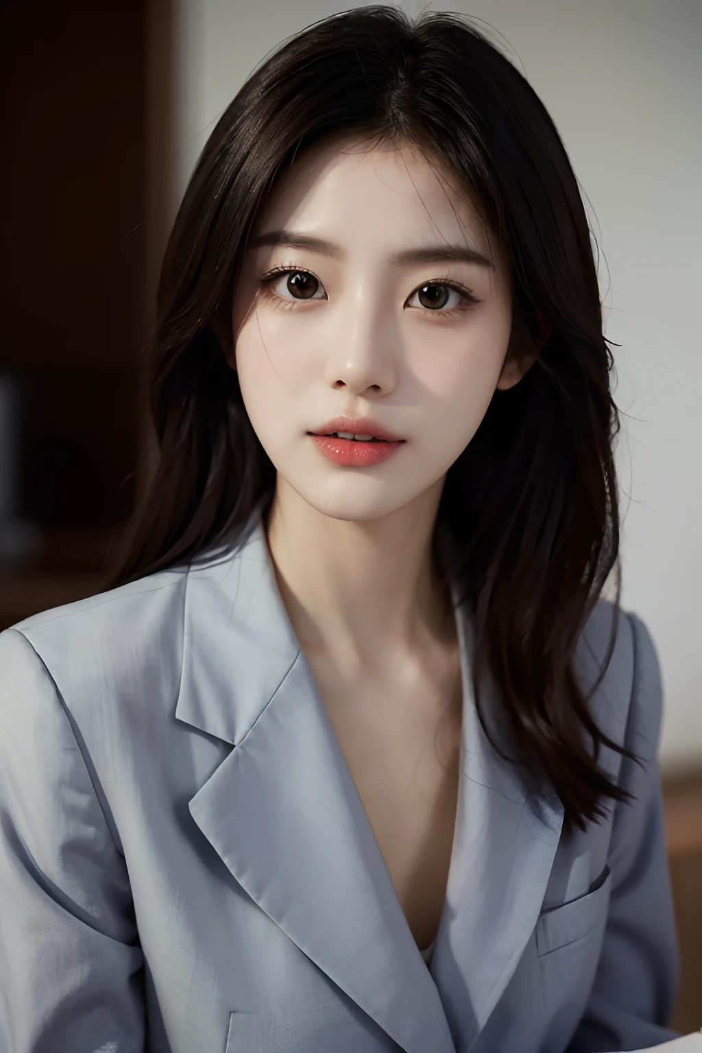 High-res, Realistic portrait of professional korean office lady with perfect skin, Professional suits, stand posture，The upper part of the body，Show confidence and maturity, Surrounded by a modern corporate environment, Vibrant and naturally lit highlights. The artwork should emphasize her elegant facial features, Including charming long eyes, Fluttering eyelashes and seductive lips. The scene should be enhanced with elements of professionalism and visual appeal，For example, Stylish work desk, Mainframe computers, High-resolution display, and complex stationery. The overall tone should be warm and professional, Has a soft and natural color palette. The artwork should exude a sense of professionalism, Success, and cultural pride，The background is blurred out