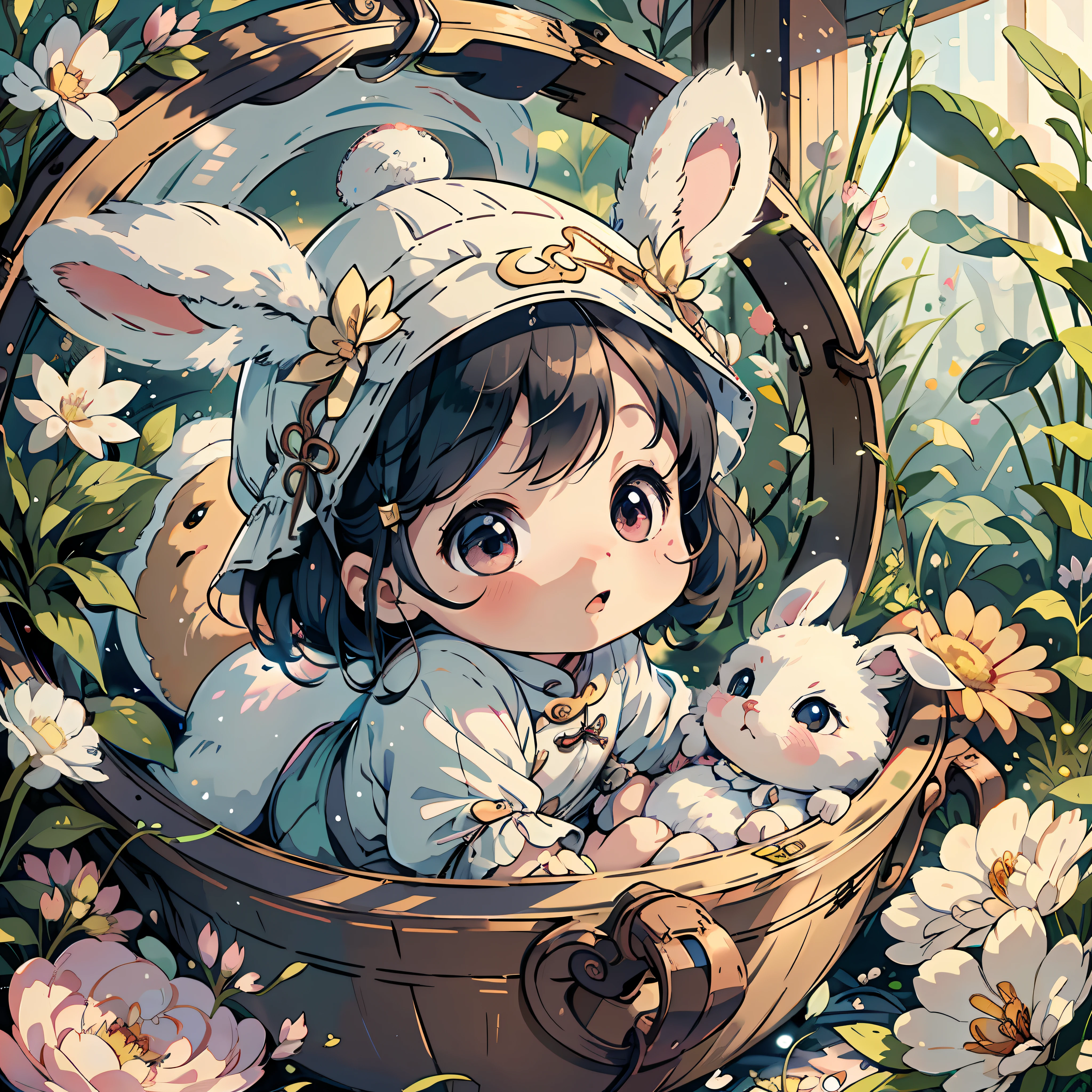 (extremely cute and delicate CG illustration, ultra-detailed and ultra-high quality),A cute baby girl，Chinese baby girl，Huge rabbit as background，1girl