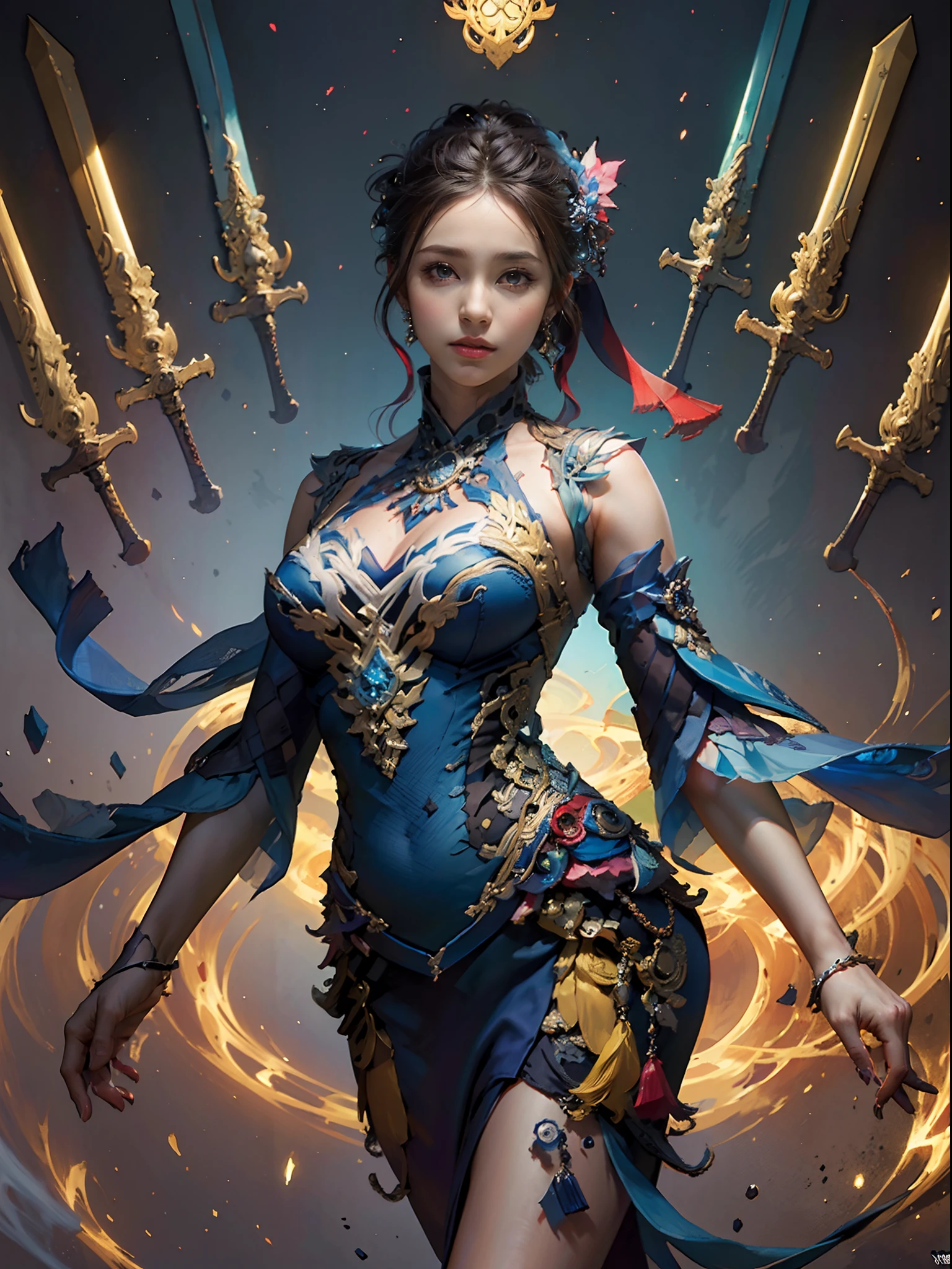 (masterpiece, best quality:1.4), (extremely detailed, 8k, uhd), wanjian, multiple weapons (glowing weapon), official art, unity 8k wallpaper, ultra-detailed, beautiful and aesthetic, masterpiece, best quality, photorealistic, (zentangle, mandala, tangle, entangle), extreme detailed, dynamic angle, the most beautiful form of chaos, elegant, a brutalist designed, vivid colors, romanticism zhongfenghua