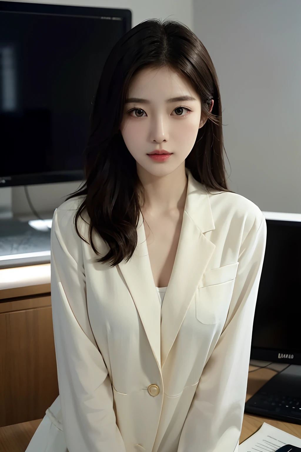 High-res, Realistic portrait of professional korean office lady with perfect skin, Professional suits, stand posture,The upper part of the body,Show confidence and maturity, Surrounded by a modern corporate environment, Vibrant and naturally lit highlights. The artwork should emphasize her elegant facial features, Including charming long eyes, Fluttering eyelashes and seductive lips. The scene should be enhanced with elements of professionalism and visual appeal,For example, Stylish work desk, Mainframe computers, High-resolution display, and complex stationery. The overall tone should be warm and professional, Has a soft and natural color palette. The artwork should exude a sense of professionalism, Success, and cultural pride,The background is blurred out