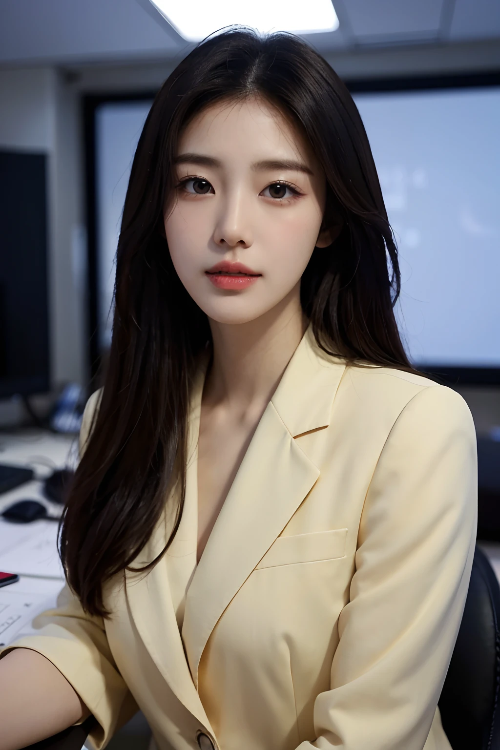 High-res, Realistic portrait of professional korean office lady with perfect skin, Professional suits, stand posture,The upper part of the body,Show confidence and maturity, Surrounded by a modern corporate environment, Vibrant and naturally lit highlights. The artwork should emphasize her elegant facial features, Including charming long eyes, Fluttering eyelashes and seductive lips. The scene should be enhanced with elements of professionalism and visual appeal,For example, Stylish work desk, Mainframe computers, High-resolution display, and complex stationery. The overall tone should be warm and professional, Has a soft and natural color palette. The artwork should exude a sense of professionalism, Success, and cultural pride,The background is blurred out