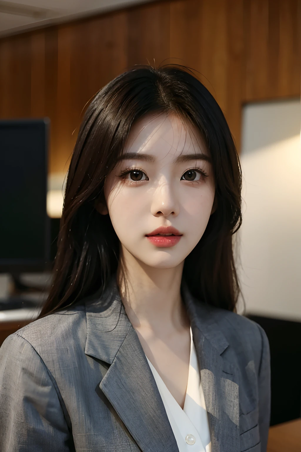 High-res, Realistic portrait of professional korean office lady with perfect skin, Professional suits, stand posture,The upper part of the body,Show confidence and maturity, Surrounded by a modern corporate environment, Vibrant and naturally lit highlights. The artwork should emphasize her elegant facial features, Including charming long eyes, Fluttering eyelashes and seductive lips. The scene should be enhanced with elements of professionalism and visual appeal,For example, Stylish work desk, Mainframe computers, High-resolution display, and complex stationery. The overall tone should be warm and professional, Has a soft and natural color palette. The artwork should exude a sense of professionalism, Success, and cultural pride,The background is blurred out