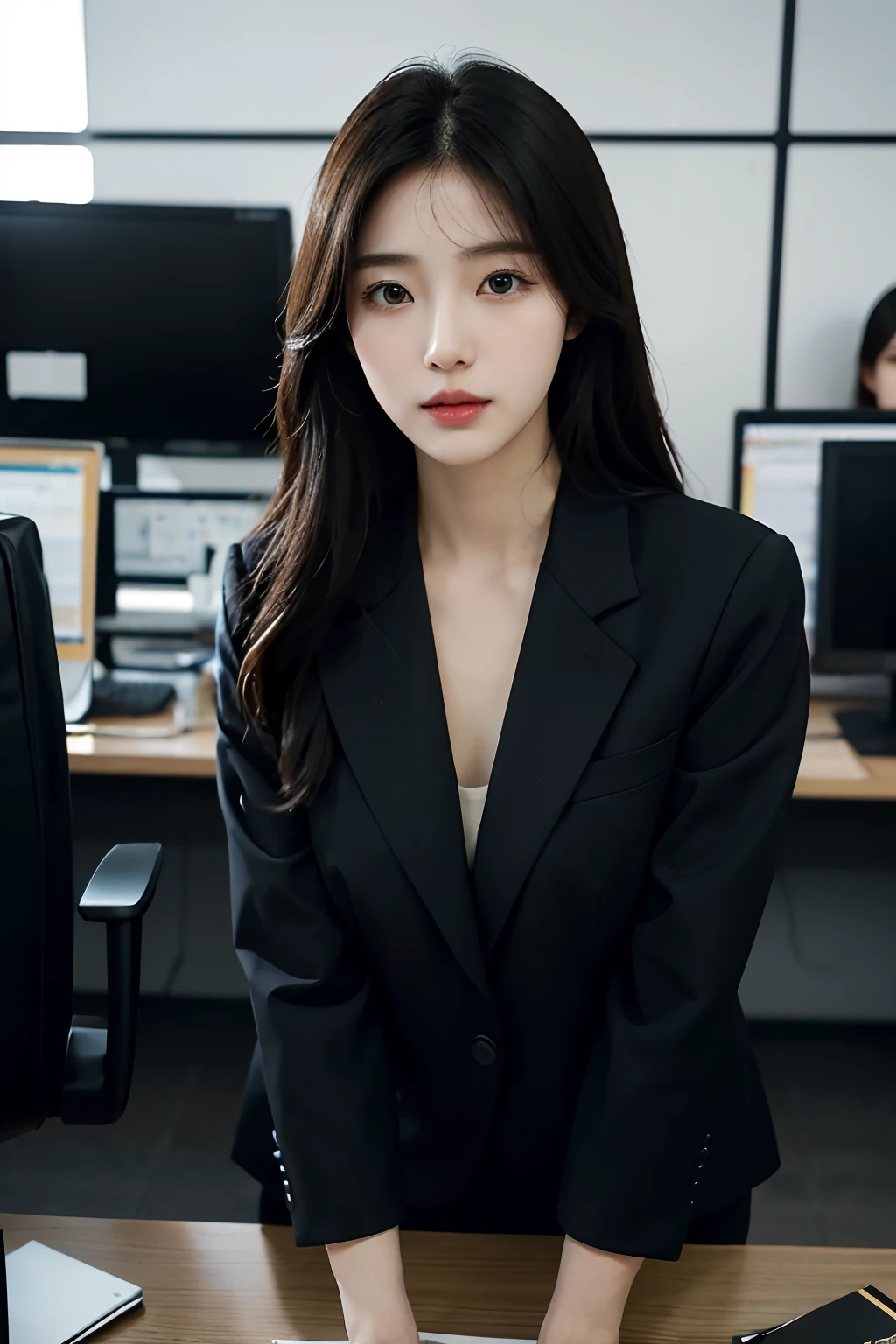 High-res, Realistic portrait of professional korean office lady with perfect skin, Professional suits, stand posture,The upper part of the body,Show confidence and maturity, Surrounded by a modern corporate environment, Vibrant and naturally lit highlights. The artwork should emphasize her elegant facial features, Including charming long eyes, Fluttering eyelashes and seductive lips. The scene should be enhanced with elements of professionalism and visual appeal,For example, Stylish work desk, Mainframe computers, High-resolution display, and complex stationery. The overall tone should be warm and professional, Has a soft and natural color palette. The artwork should exude a sense of professionalism, Success, and cultural pride,The background is blurred out