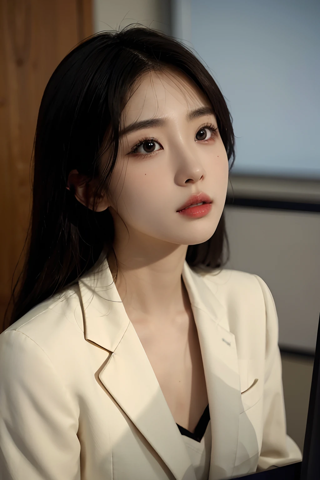 High-res, Realistic portrait of professional korean office lady with perfect skin, Professional suits, stand posture，The upper part of the body，Show confidence and maturity, Surrounded by a modern corporate environment, Vibrant and naturally lit highlights. The artwork should emphasize her elegant facial features, Including charming long eyes, Fluttering eyelashes and seductive lips. The scene should be enhanced with elements of professionalism and visual appeal，For example, Stylish work desk, Mainframe computers, High-resolution display, and complex stationery. The overall tone should be warm and professional, Has a soft and natural color palette. The artwork should exude a sense of professionalism, Success, and cultural pride，The background is blurred out