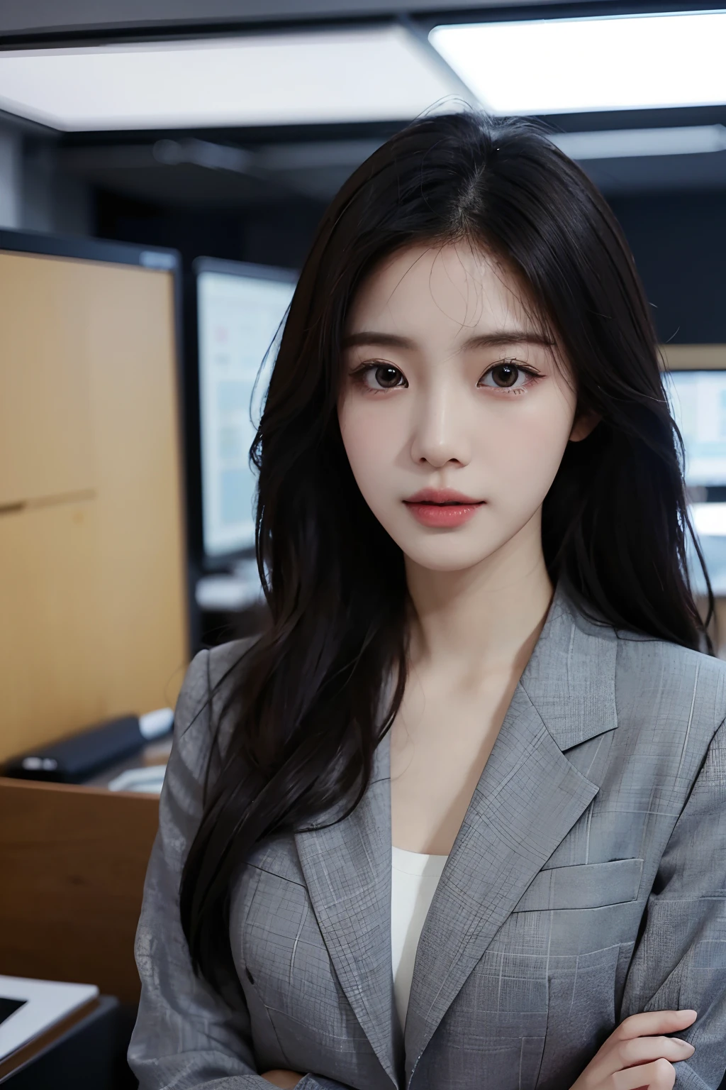High-res, Realistic portrait of professional korean office lady with perfect skin, Professional suits, stand posture,The upper part of the body,Show confidence and maturity, Surrounded by a modern corporate environment, Vibrant and naturally lit highlights. The artwork should emphasize her elegant facial features, Including charming long eyes, Fluttering eyelashes and seductive lips. The scene should be enhanced with elements of professionalism and visual appeal,For example, Stylish work desk, Mainframe computers, High-resolution display, and complex stationery. The overall tone should be warm and professional, Has a soft and natural color palette. The artwork should exude a sense of professionalism, Success, and cultural pride.