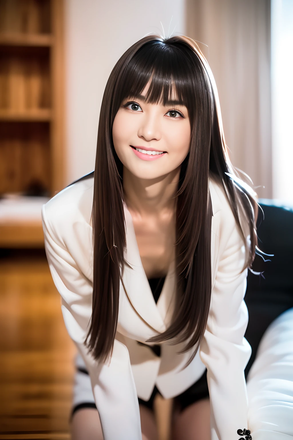 1girll,(Original photo, Best quality),(((Shallow depth of field))), (Realistic medium, Photorealistic: 1.3), Masterpiece, An extremely delicate and beautiful, Extremely detailed, CG, unified, 2k wallpapers, Stunning, Precision details, light grin, Extremely detailed Cg Unity 8K wallpapers, hugefilesize, Super super detailed, Super high resolution, Absurd, Soft light, ((( Medium hair: 1.3), short length bangs, Jet black hair, Floating hair NovaFrogStyle)), Beautiful detailed girl, Highly detailed fingers, Extremely detailed eyes and face, Beautiful detailed nose, Beautiful detailed eyes, Longer eyelashes, Light on the face, Audience, (Closed mouth: 1.2), 1 rapariga, Reveals long hair, Cute breasts, Young, Mature face, (Whole body: 1.3), ((and sexy )), Realistic face, Realistic body, Slim body proportions,Beautiful detailed thighs, Open legs,jinyan