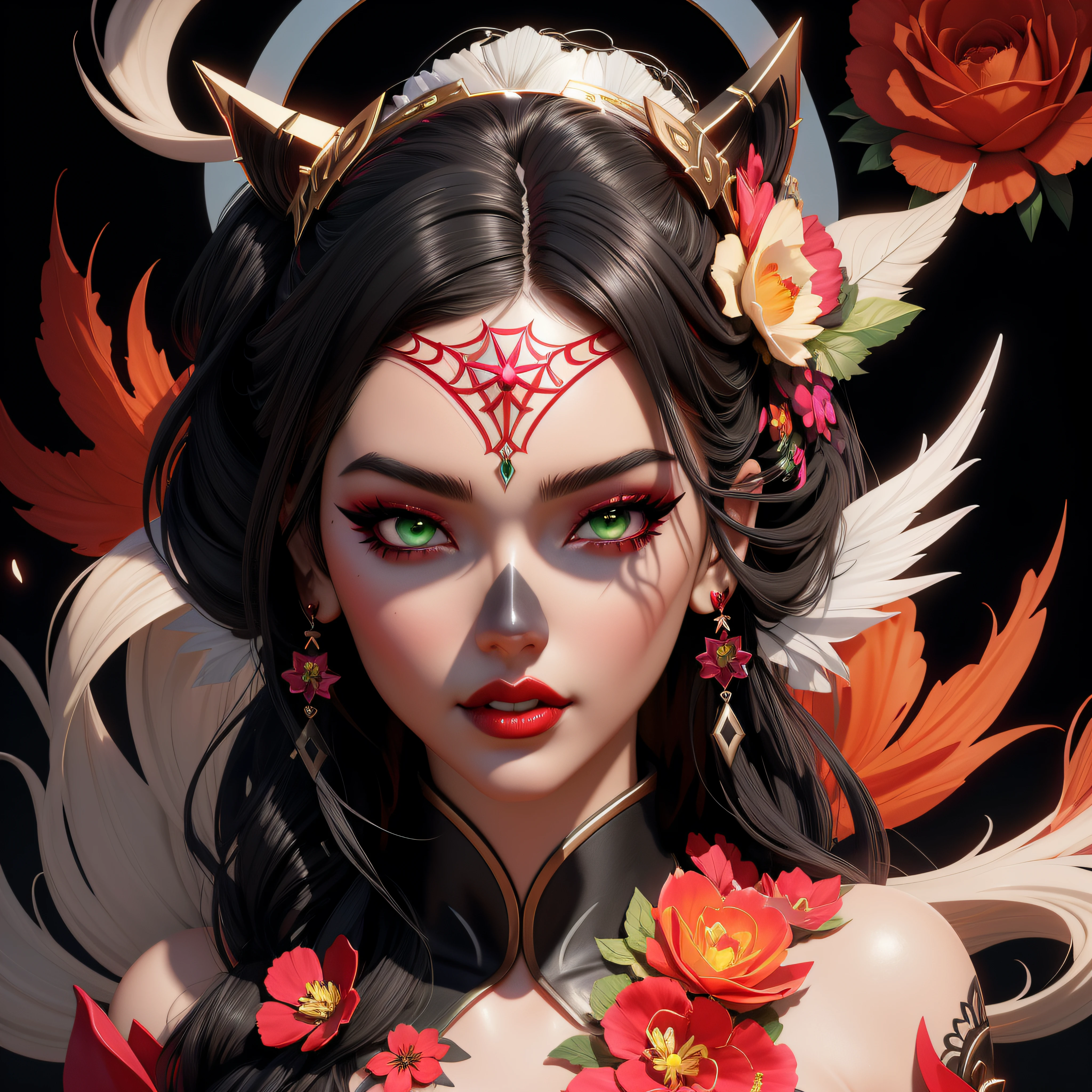 there is a woman (Adriana Lima :1.1) red lips, green eyes, with a skull make up and a flower crown, anime skull portrait woman, goddess of death, stunning digital illustration, cgsociety contest winner!!, :: rossdraws, cgsociety contest winner!!!, cgsociety contest winner, inspired by rossdraws, digital fantasy art ), deviantart artstation cgscosiety, 🌺 cgsociety, fantasy art behance