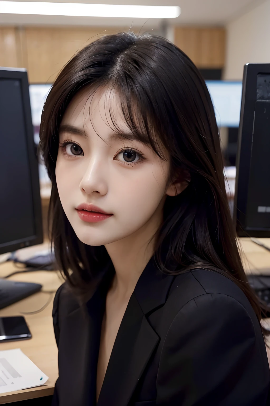 High-res, Realistic portrait of professional korean office lady with perfect skin, Professional suits, stand posture,The upper part of the body,Show confidence and maturity, Surrounded by a modern corporate environment, Vibrant and naturally lit highlights. The artwork should emphasize her elegant facial features, Including charming long eyes, Fluttering eyelashes and seductive lips. The scene should be enhanced with elements of professionalism and visual appeal,For example, Stylish work desk, Mainframe computers, High-resolution display, and complex stationery. The overall tone should be warm and professional, Has a soft and natural color palette. The artwork should exude a sense of professionalism, Success, and cultural pride.