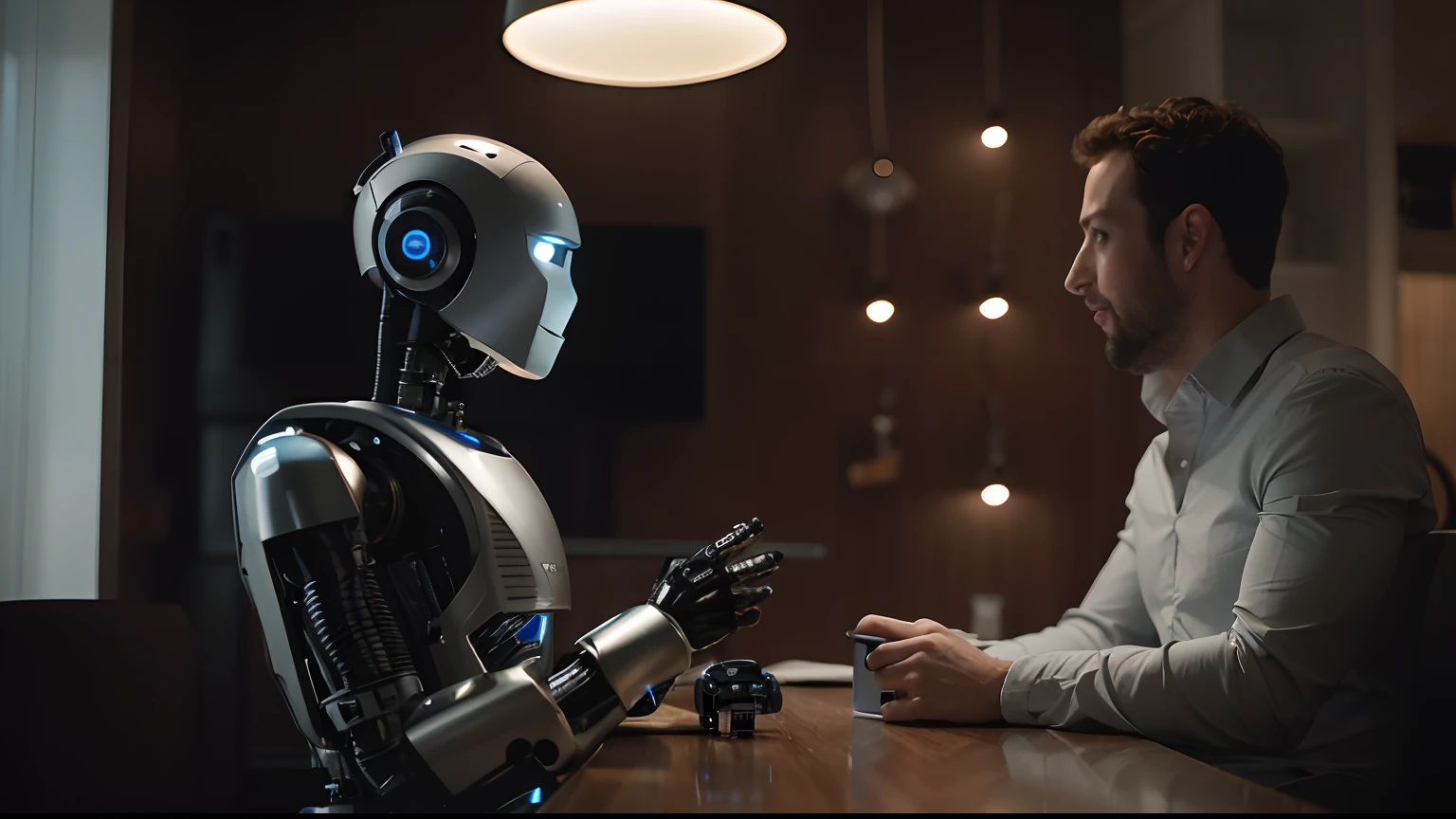 Arafed man sitting at a table with a robot looking at his phone, endless collaboration with ai, Inteligencia artificial fuerte, Robot con rostro humano, IA produciendo lo realista, Primer plano de un robot sentado, inteligencia artificial, AI's Next Singularity, con tema AI, robots humanoides, friendly humanoid cyber robot, Robot humanoide, Mark Zuckerberg como un robot