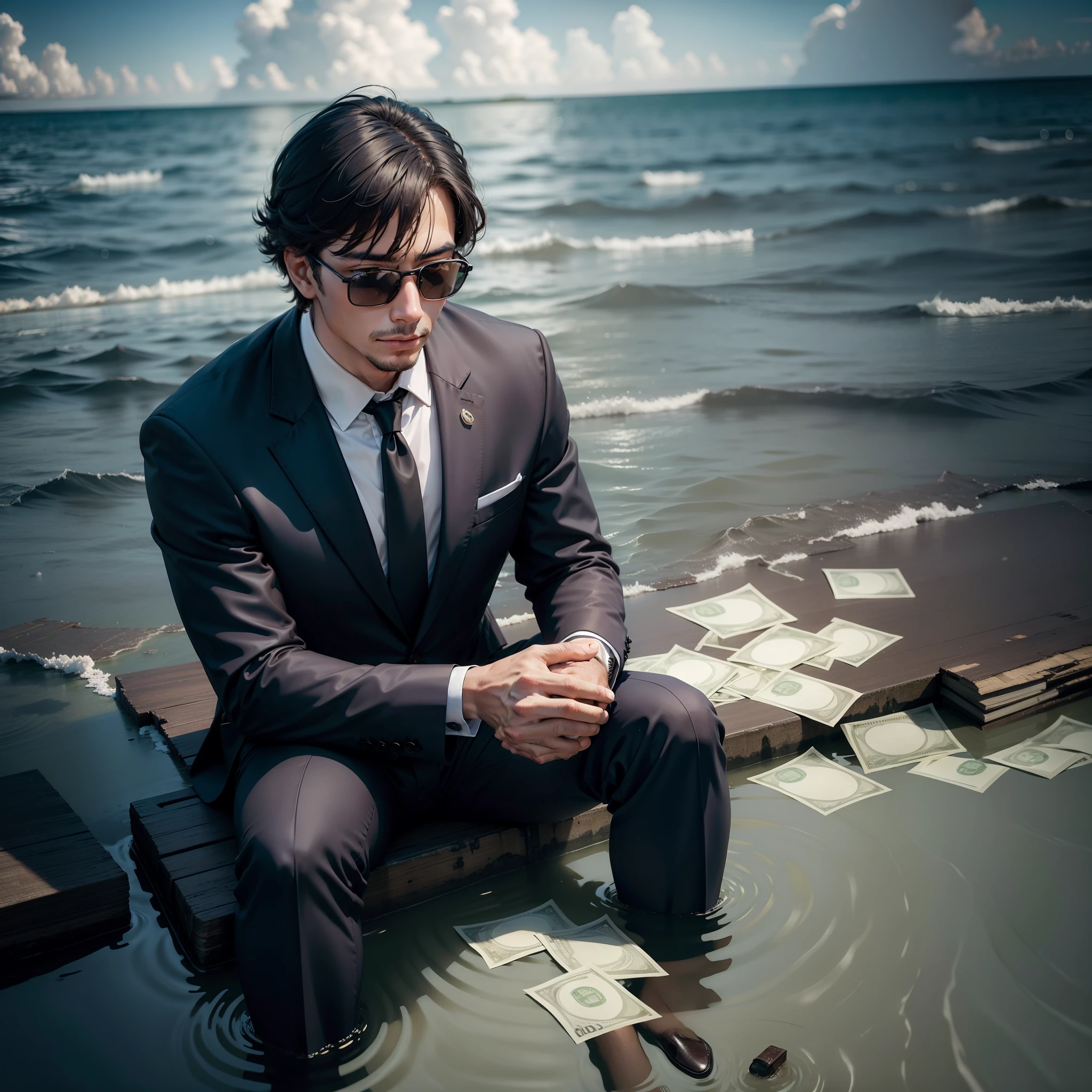 A businessman sitting next to a pile of money on a flooded island in the middle of the ocean