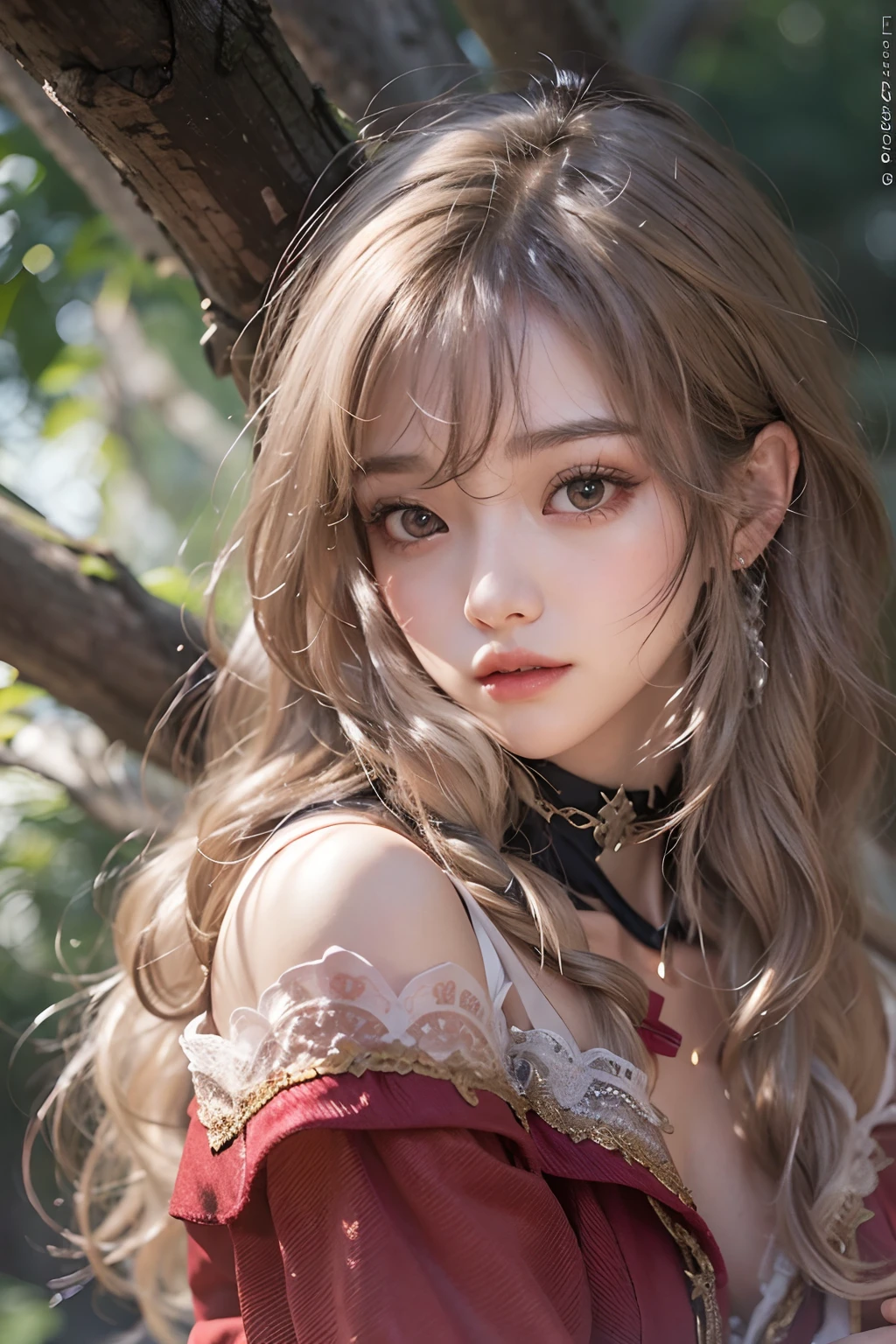 (Best Quality Detail)、realisitic、8K UHD、hight resolution、(a closeup)、(1girl in)、((anxious expression))、The ultra-detailliert、intricate detailes、High quality shadows、Detail Beautiful delicate face、Detail Beautiful delicate eyes、in her 20s、(The best smile)、Pretty Kpop Girl、(Korean Urzan Face)、(ulzzang -6500-v1.1:0.6)、pureerosface_v1、gloweyes、perfectbody、(Colossal tits)、 ((look at viewr))、((Spread your arms))、(White hair color)、teak、Glossy lips、Natural color reproduction, ((strong lights))、(a choker)、((Brown eyes))、(White hair), (Twin braids)、(Pattsun bangs)、(bangss)、 Shiny hair、Description beautiful delicate hair、(Lustrous skin)、(Little Red Riding Hood)、(red cape)、(a red skirt)、(corsets)、(forest at night)、((the wind))、