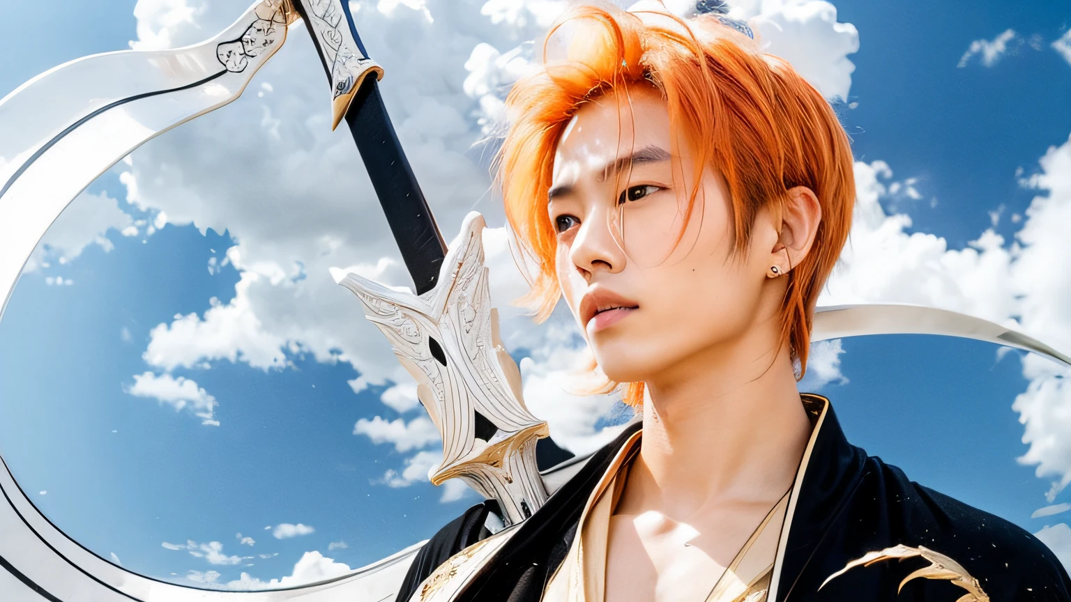orange hair asian man, black robe with white edges, sword on back, sky, clouds