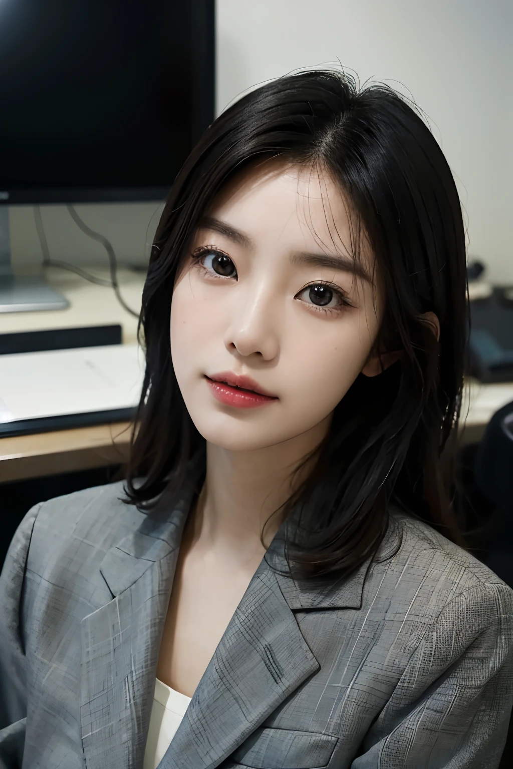 High-res, Realistic portrait of professional korean office lady with perfect skin, Professional suits, Show confidence and maturity, Surrounded by a modern corporate environment, Vibrant and naturally lit highlights. The artwork should emphasize her elegant facial features, Including charming long eyes, Fluttering eyelashes and seductive lips. The scene should be enhanced with elements of professionalism and visual appeal,For example, Stylish work desk, Mainframe computers, High-resolution display, and complex stationery. The overall tone should be warm and professional, Has a soft and natural color palette. The artwork should exude a sense of professionalism, Success, and cultural pride.