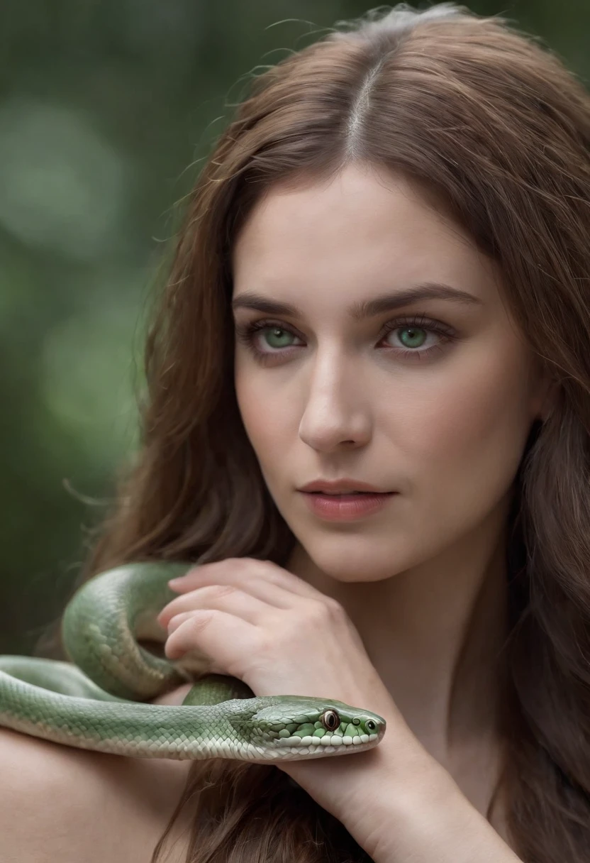 1 woman, Long hair, (20yr old), Beautiful detailed eyes, Snake hair, Gliding snake, green snake, Hiss, toxic, detailed scale, Horror, A look of surprise, Dark background, Moonlight, spooky ambiance, (Cinematic composition:1.2), fantasy, Surreal, Chilling, fear, Hairy snakes are woven together, Medusa, gorgon, dangers.