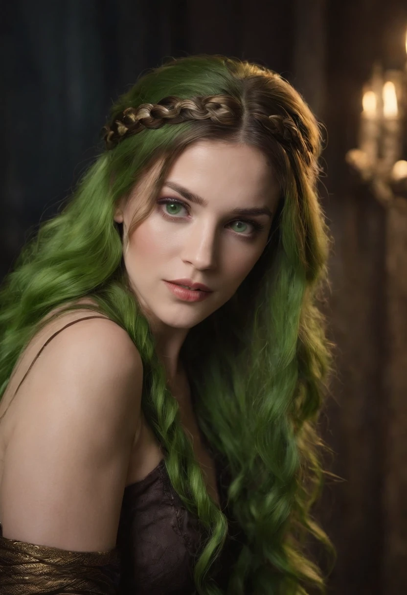 1 woman, Long hair, (20yr old), Beautiful detailed eyes, Snake hair, Gliding snake, green snake, Hiss, toxic, detailed scale, Horror, A look of surprise, Dark background, Moonlight, spooky ambiance, (Cinematic composition:1.2), fantasy, Surreal, Chilling, fear, Hairy snakes are woven together, Medusa, gorgon, dangers.
