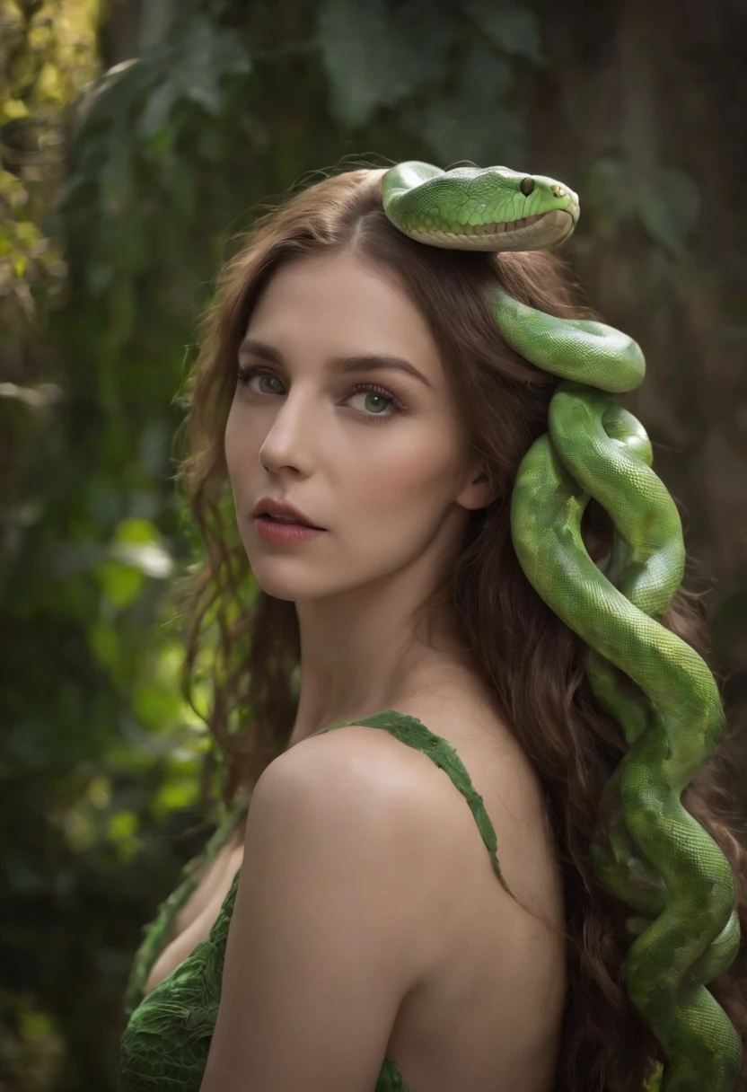 1 woman, Long hair, (20yr old), Beautiful detailed eyes, Snake hair, Gliding snake, green snake, Hiss, toxic, detailed scale, Horror, A look of surprise, Dark background, Moonlight, spooky ambiance, (Cinematic composition:1.2), fantasy, Surreal, Chilling, fear, Hairy snakes are woven together, Medusa, gorgon, dangers.