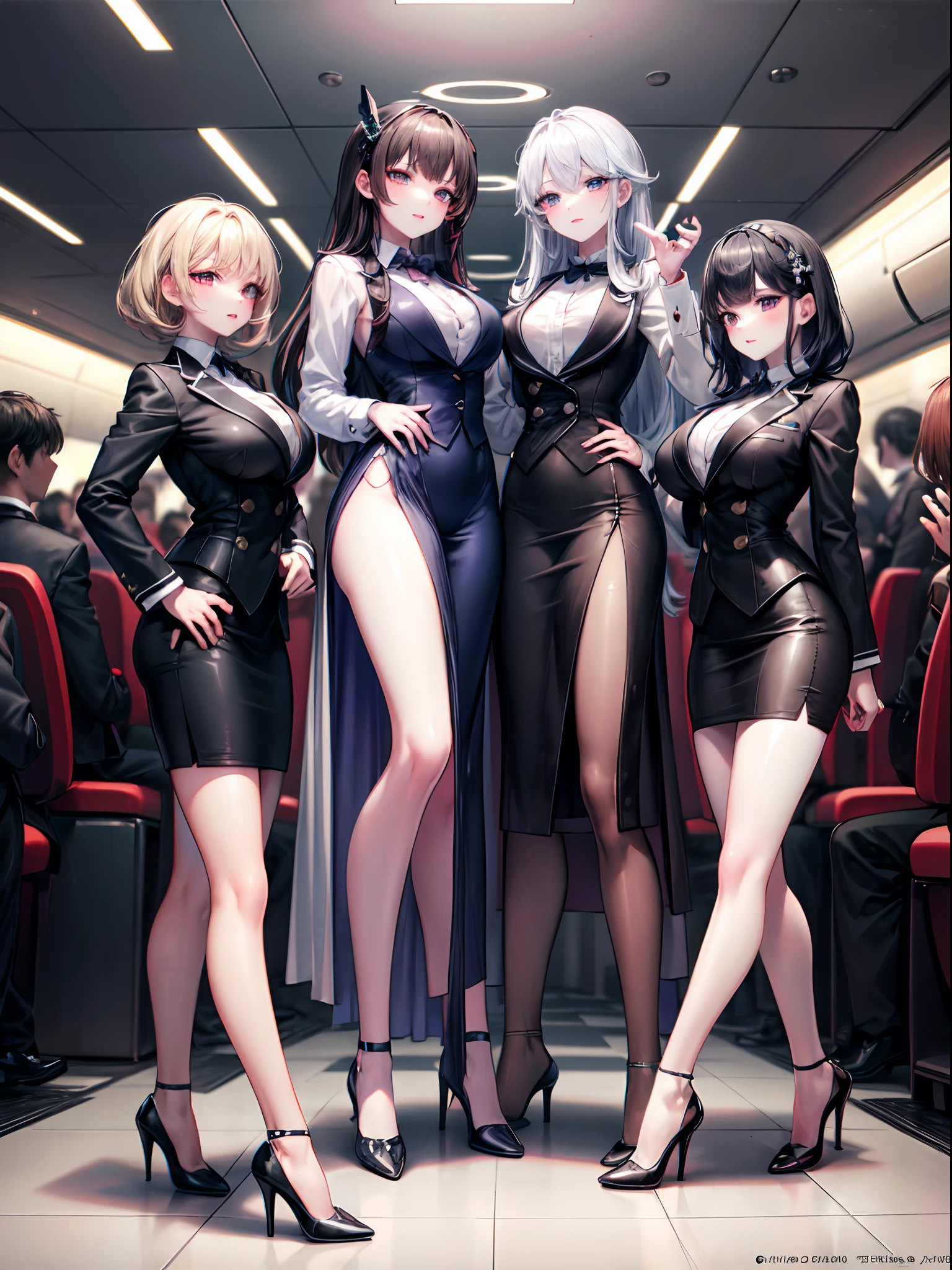 masterpiece, best quality, official art, extremely detailed, perfect hands, perfect eyes, 3girls, flight attendant, different uniforms, tight uniforms, high heels, airport
