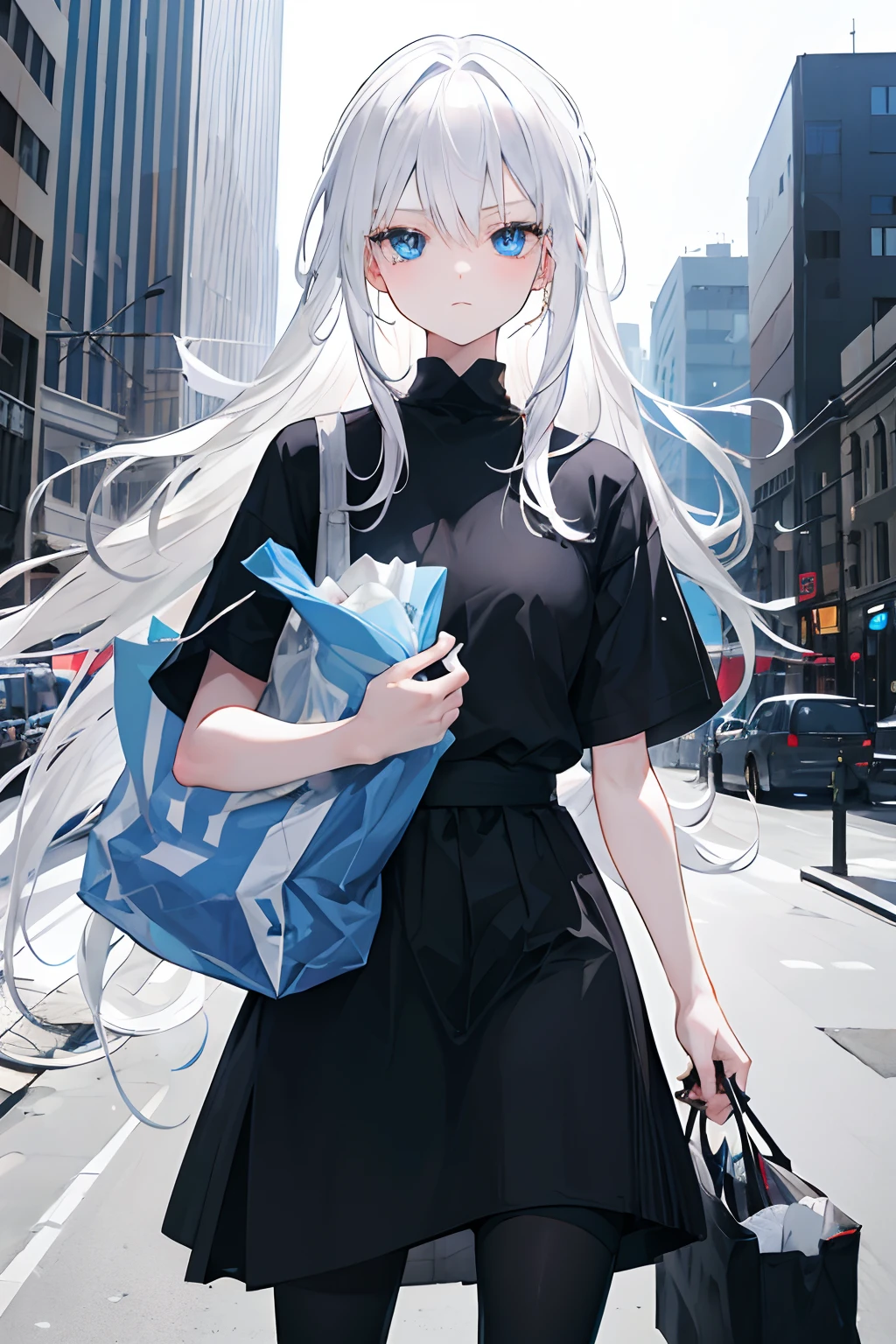 1 girl, white hair and blue eyes, long flowing hair, city, black shirt, carrying a bag, badass, potrait