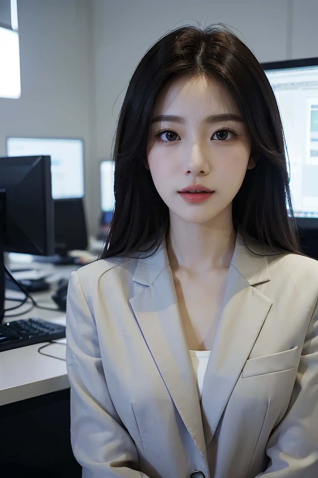 High-res, Realistic portrait of professional korean office lady with perfect skin, Professional suits, Show confidence and maturity, Surrounded by a modern corporate environment, Vibrant and naturally lit highlights. The artwork should emphasize her elegant facial features, Including charming long eyes, Fluttering eyelashes and seductive lips. The scene should be enhanced with elements of professionalism and visual appeal,For example, Stylish work desk, Mainframe computers, High-resolution display, and complex stationery. The overall tone should be warm and professional, Has a soft and natural color palette. The artwork should exude a sense of professionalism, Success, and cultural pride.