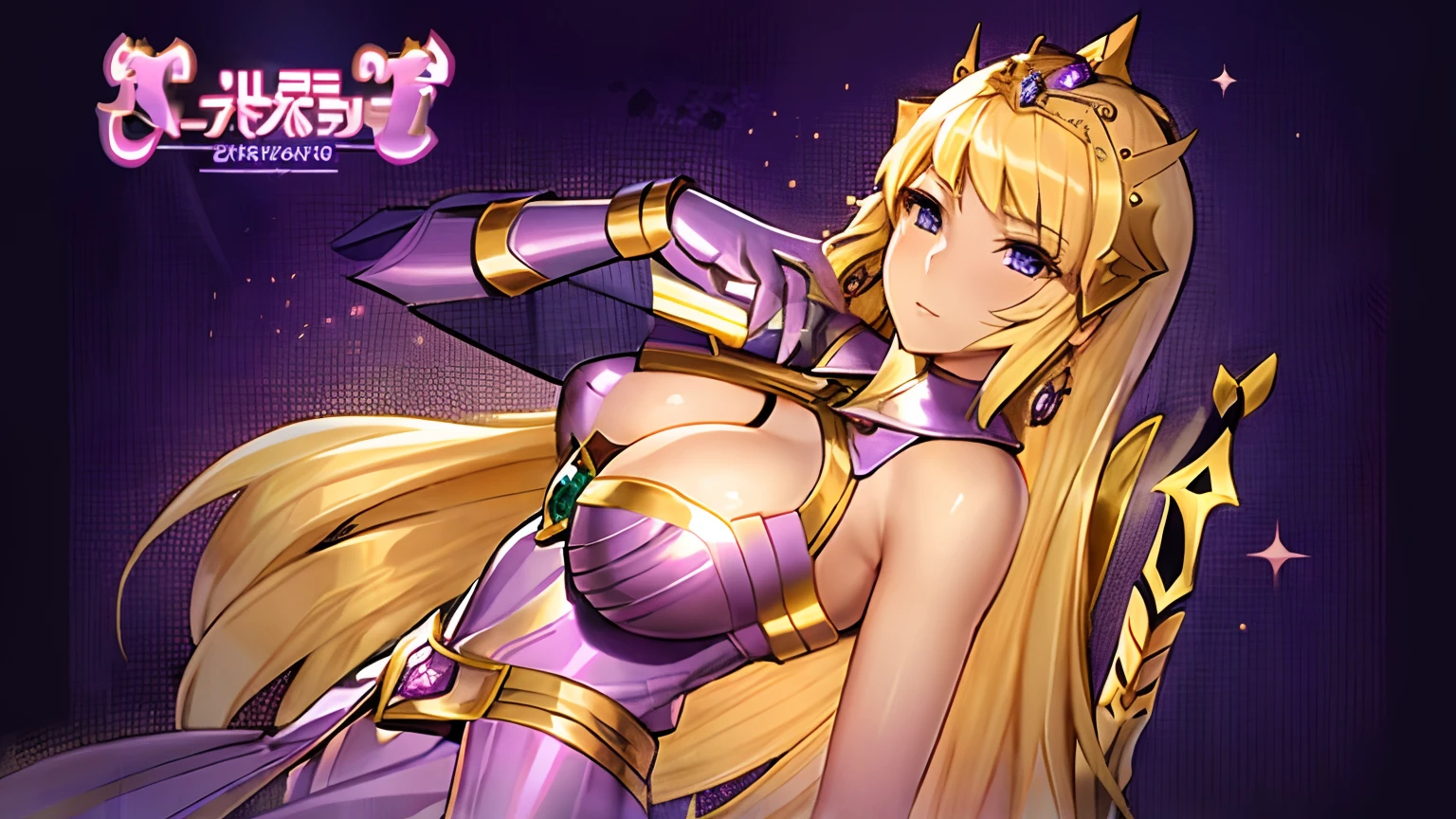 Anime girl with long blonde hair wearing dress with sword, knights of zodiac girl, portrait knights of zodiac girl, In amethyst armor, oppai, huge tit, with large breasts, seductive princess knight, anime goddess, Princess Knight, ((a beautiful fantasy empress)), blonde - haired princess, a blonde emerald warrior, Amethyst Princess, Amethyst reflective armor, smooth anime cg art, Dress Armor Girl, High quality anime art style,