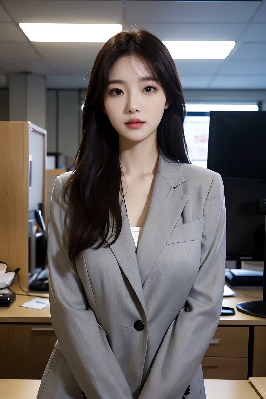 High-res, Realistic portrait of professional korean office lady with perfect skin, Professional suits, stand posture，The upper part of the body，Show confidence and maturity, Surrounded by a modern corporate environment, Vibrant and naturally lit highlights. The artwork should emphasize her elegant facial features, Including charming long eyes, Fluttering eyelashes and seductive lips. The scene should be enhanced with elements of professionalism and visual appeal，For example, Stylish work desk, Mainframe computers, High-resolution display, and complex stationery. The overall tone should be warm and professional, Has a soft and natural color palette. The artwork should exude a sense of professionalism, Success, and cultural pride，The background is blurred out