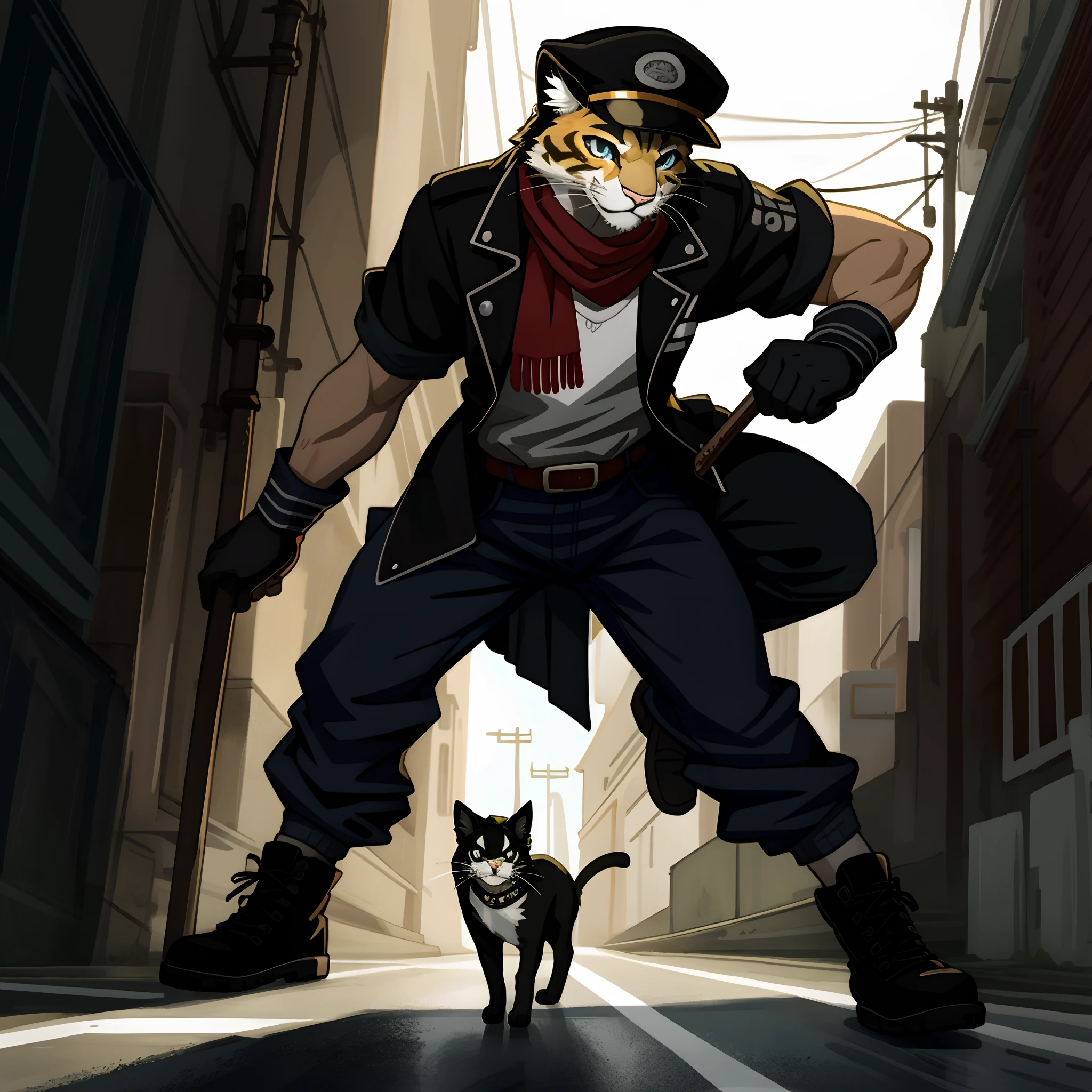 highres, top quality, best quality, paid reward available, High-quality illustrations, unparalleled masterpiece, perfect artwork, absurdres, a painting of a cat wearing a hat and scarf, trending in the art station, dressed in punk clothes, detailed hyper realistic rendering, british gang member, street style, intimidating pose, planet of the cats, clothes with fashion, urban samurai, meow, west slavic features, dynamic lighting, deep shadow, cinematic angle,