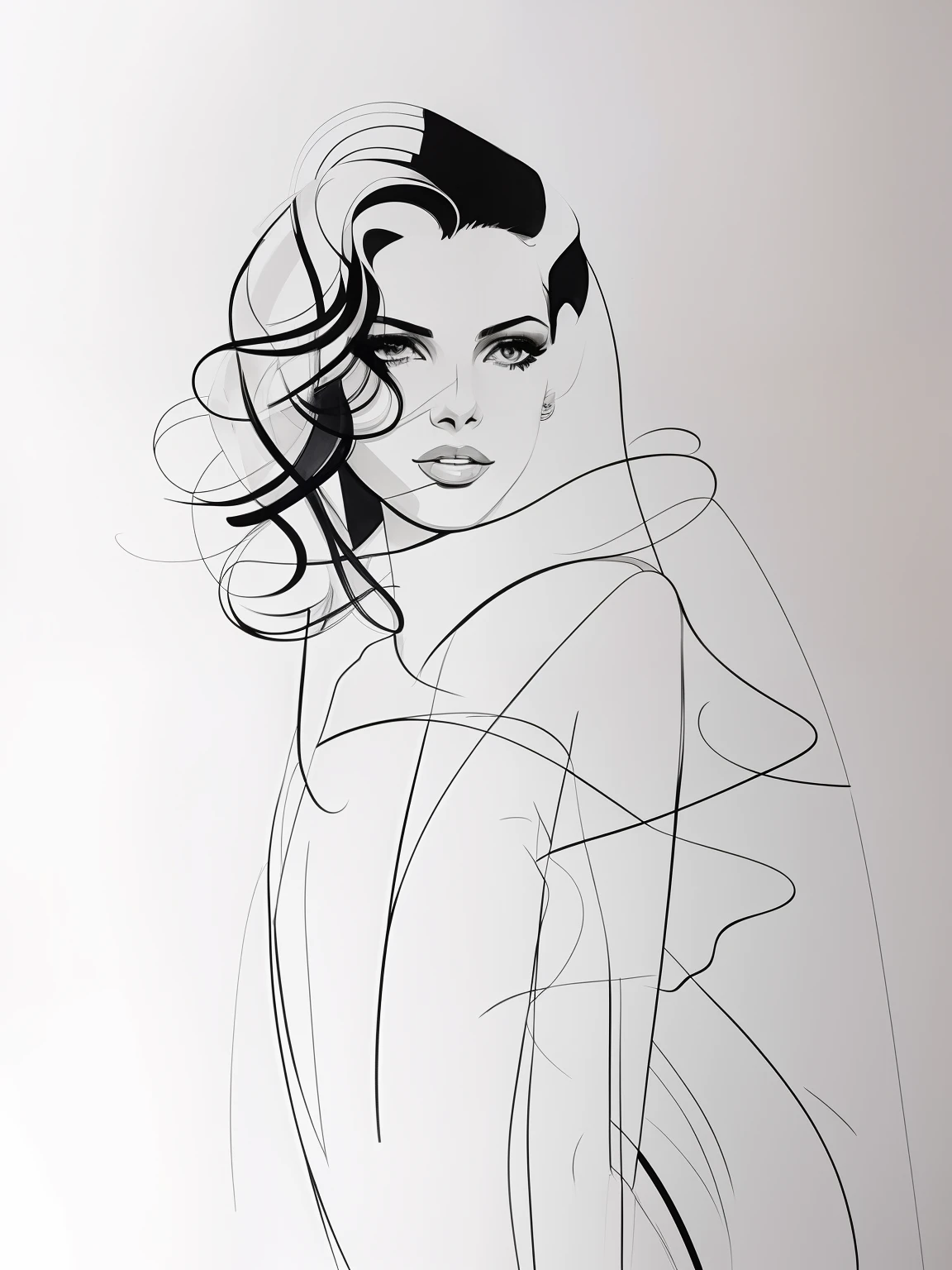 David downton fashion illustration, mustafa soydan drawing, line art sketch on a white background, beautiful woman face portrait, thin hair, slim figure, elegant dress