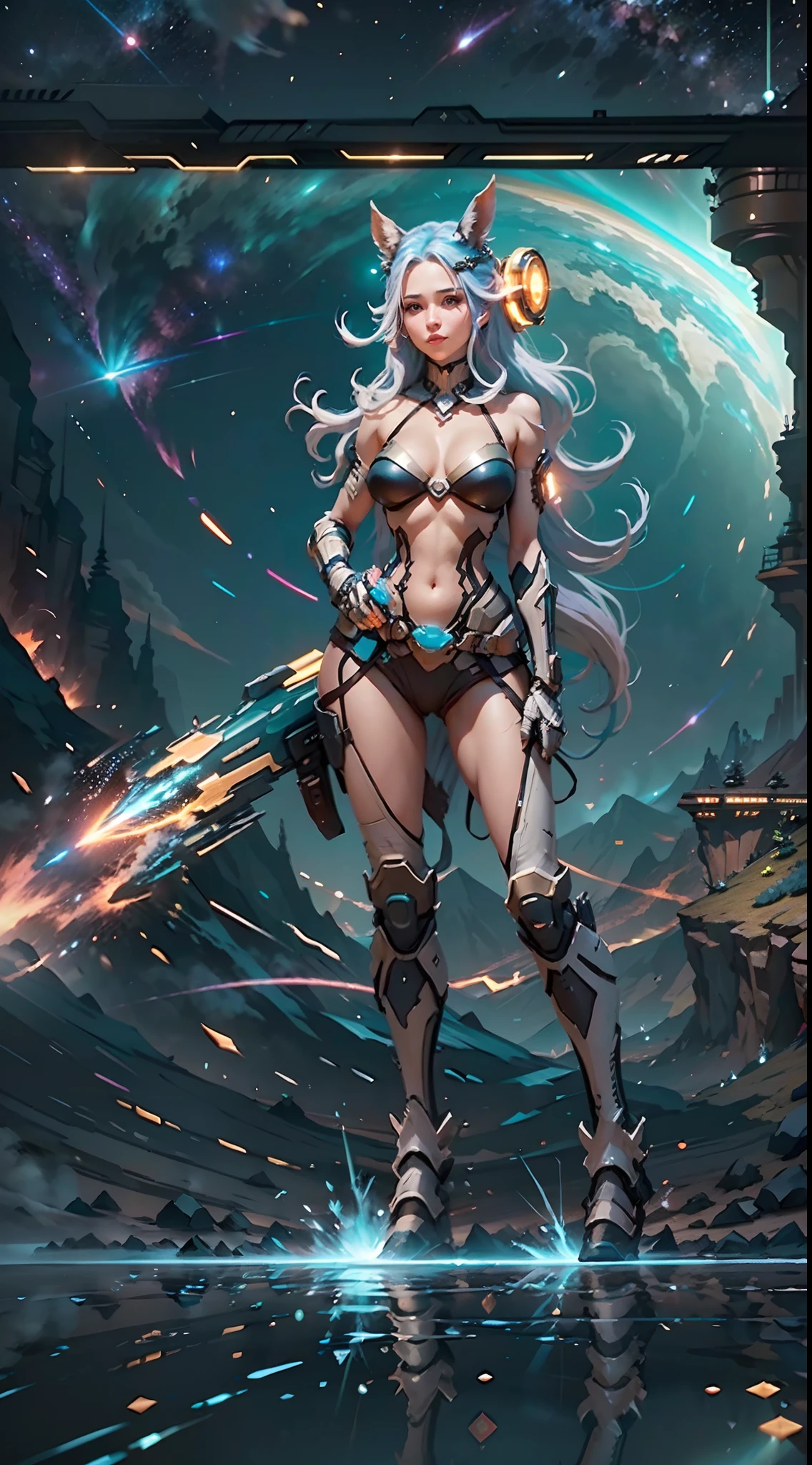 In a very grand scene，The extra-large wide-angle lens captures the appearance of a female centaur。（She is traveling through the stars：9.9），She is tall，It has the ultimate curvy beauty，The muscles are slender and firm，Beautiful lines。Her facial features are tough and coquettish，Always with a sunny smile。She wears special tight-fitting equipment with a strong sense of technology，Step on multifunctional off-road style heels，Delicate and practical protective gear is worn on the hands, feet, wrists, neck and shoulders。The detection equipment around you flashes various cue lights and neon-like information screens，Let her exude a charming brilliance。Use Midjourney's advanced tools，Design special tight-fitting equipment for female centaurs，Highlight her unique physiological characteristics and appearance details，Add realism。And in her adventure scene，Spectacular views of nature，Such as the sky where storms and sunny days alternate、Brilliant rivers of stars and auroras、The snow-capped summit of Mount Everest、Fireworks in the mountain town, etc。ao mesmo tempo，Away from the hustle and bustle of Long Beach Pier is a neon-lit spaceship docked，Create a fantastic scene。Use Midjourney's advanced tools and multiple color palettes、Brush Strokes、Texture tools and model packages，It shows a sense of atmosphere where beauty and charm coexist。The charm of the female centaur is highlighted through color and lines，Enhance realism with detailing，Create a surreal dreamy feeling。Additionally，Use Midjourney's tools to add a variety of extreme sports gear and cultural trinkets to the female centaur，Create intricate hairstyles and outfits，Give her a sense of premium。She never flinches，Regardless of the terrain，can respond quickly，Even the extreme geography and dangerous terrain of aliens cannot stop her。Use Midjourney's powerful tools，You can do it with incredible detail and beauty，Bring this ultra-grand and beautiful scene to life。Ultra-grand scenes，super wide shot， hdr，（真实感，Masterpiece quality，