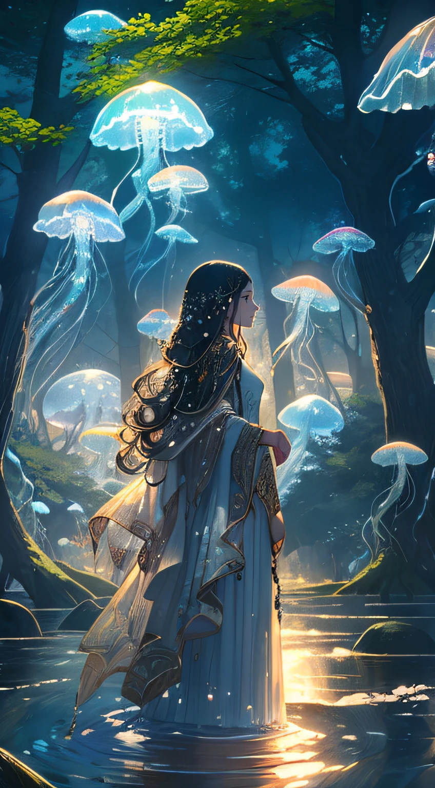green jellyfish,(jellyfishforest:1.4), 1girl, mushroom, dress, long hair, scenery, white dress, solo, nature, water, wading, outdoors, tree, standing, black hair, fantasy, forest