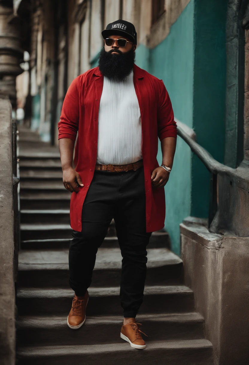 A 25 year old man, fat, big beard, black beard, glasses, cap, standing, full body, photography, realism, standing, hip hop style clothes, white skin, youth clothes