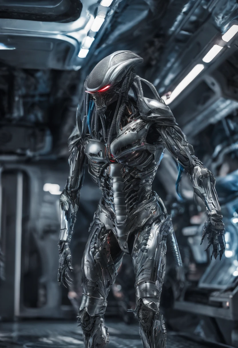 Predator，full bodyesbian，cyber punk perssonage，Silver-white armor，high-tech weapon