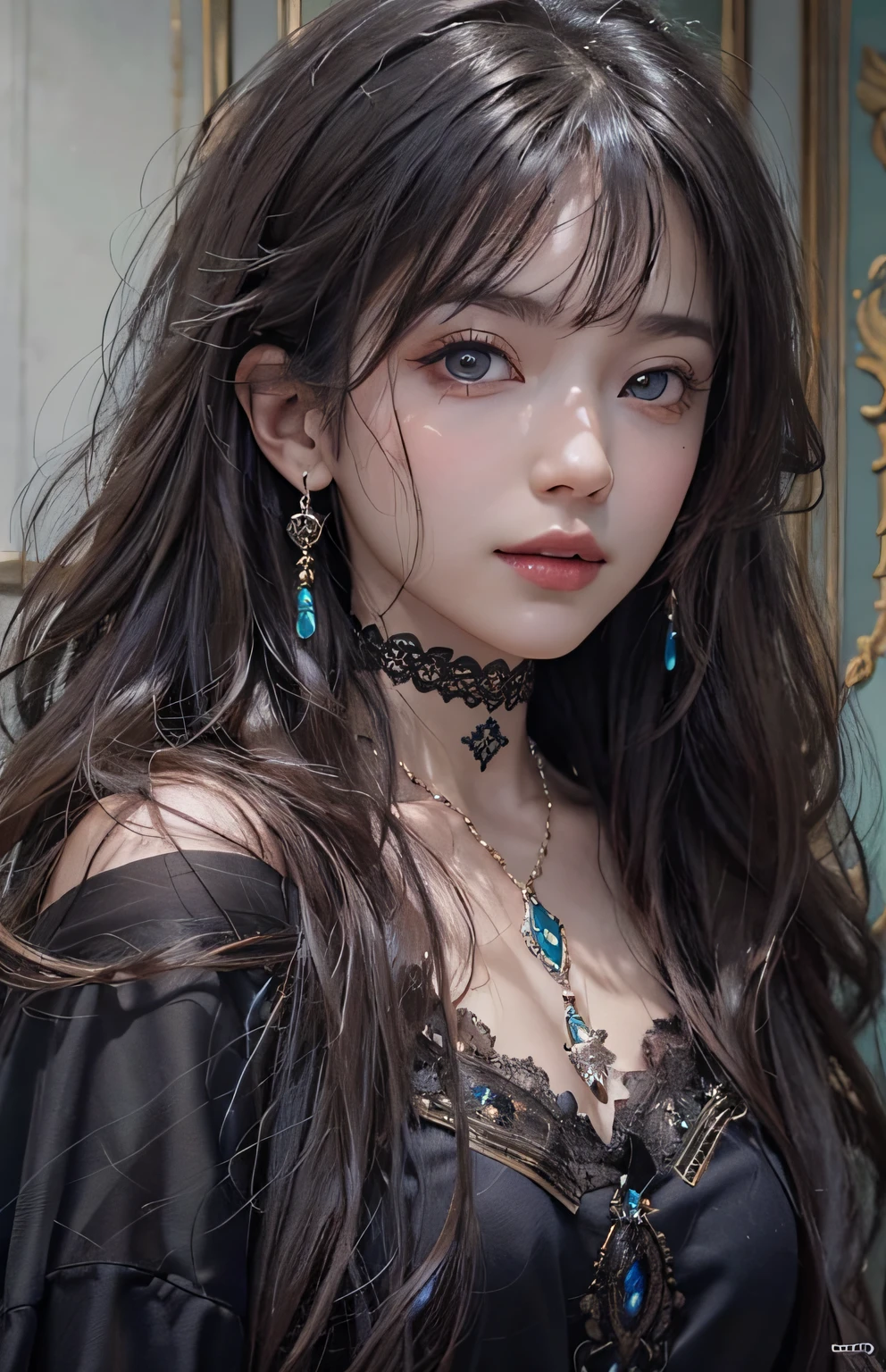 (Ultra Realistic), (Illustration), (Increased Resolution), (8K), (Extremely Detailed), (Best Illustration), (Beautiful and Detailed Eyes), (Best Quality), (Ultra Detailed), (Masterpiece ), ( wallpaper), (detailed face), solo, 1 girl, looking at viewer, fine details, detailed face, in the dark, deep shadows, low key, pureerosfaceace_v1, smiling, long hair, black shawl straight hair , 46 points oblique bangs