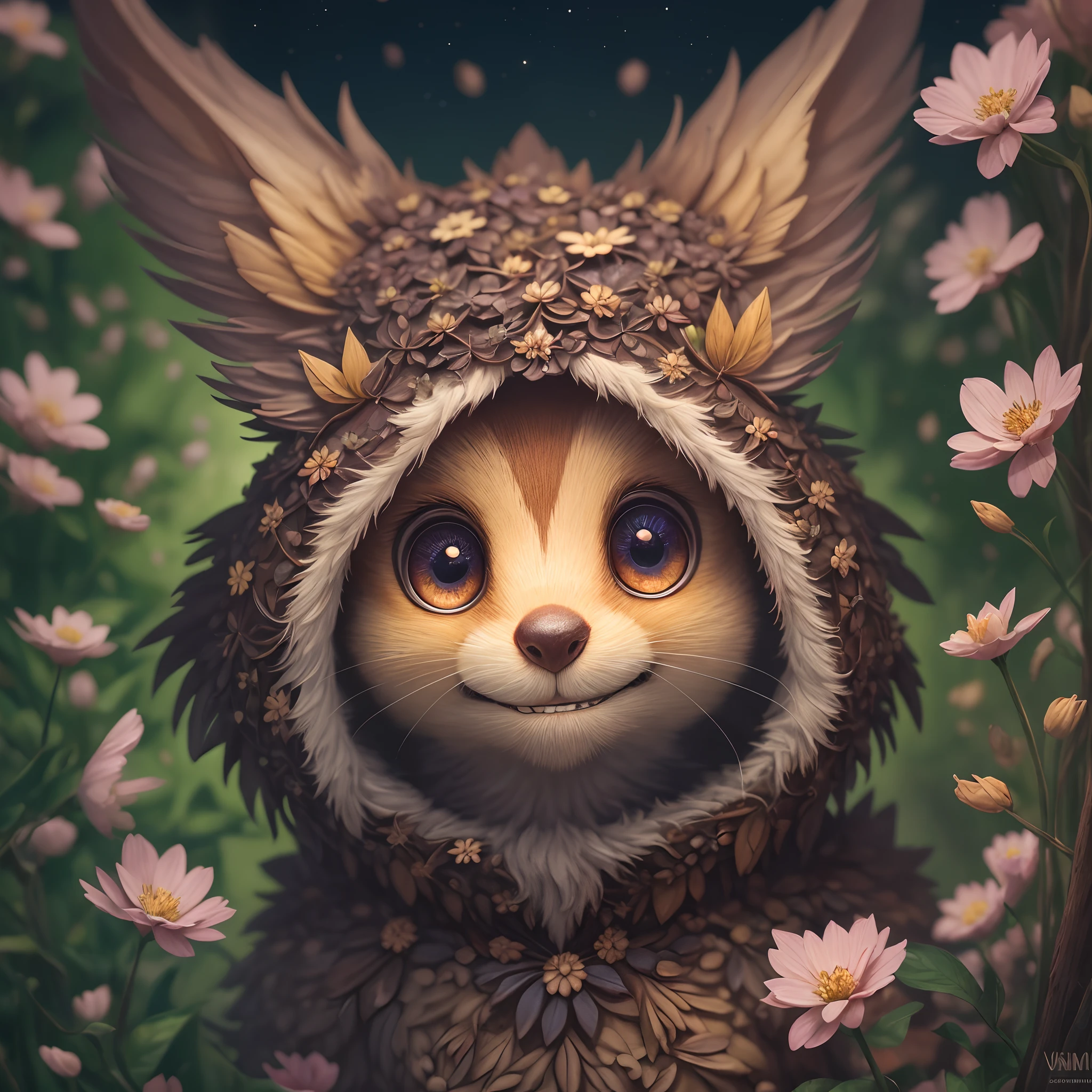 little cute woodcreature, little petals, smiling, digital art, highly detailed. fantasy, centered, symmetry, painted, intricate, volumetric lighting, beautiful, rich deep colors masterpiece, sharp focus, ultra detailed, in the style of dan mumford and marc simonetti, astrophotography --auto --s2